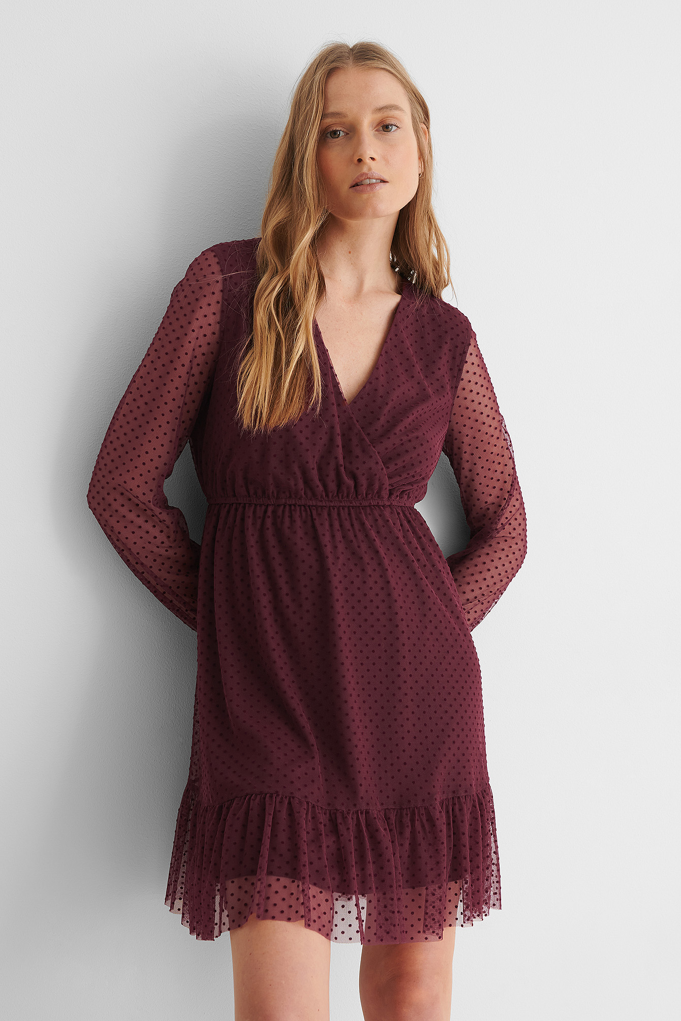 Burgundy Robe Mini Volantée En Mousseline