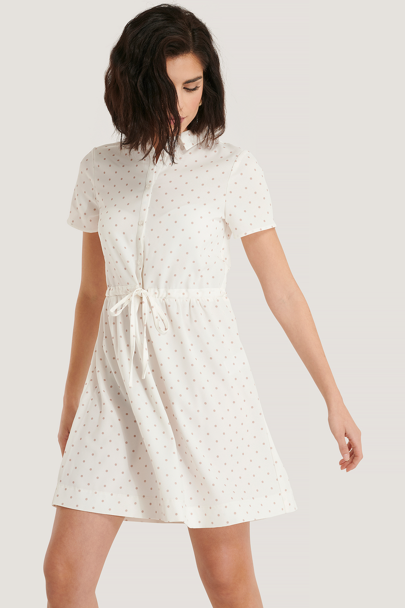 White/Beige Robe À Col À Pois