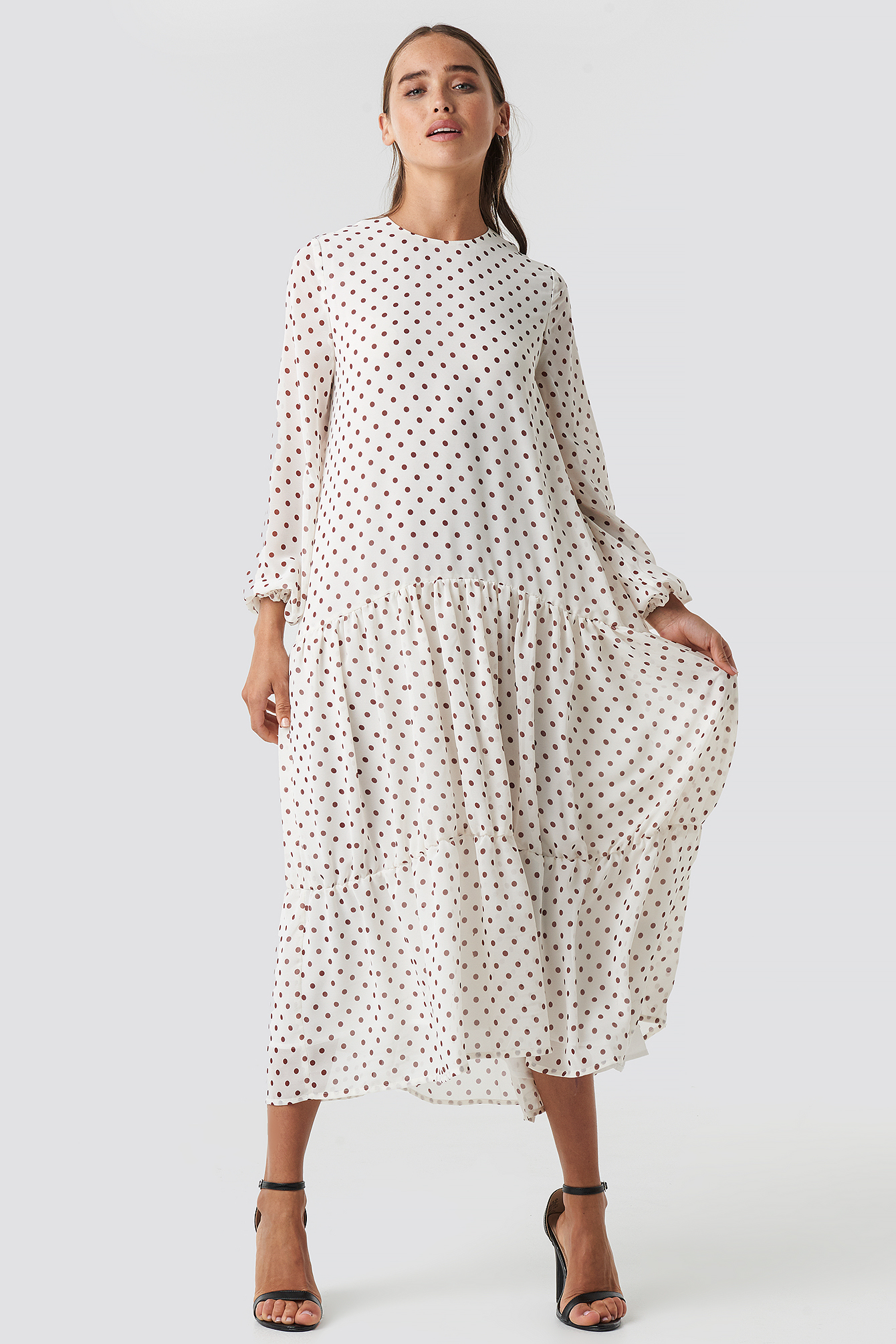 White/Burgundy Dots NA-KD Boho Dotted Ruffle Chiffon Dress