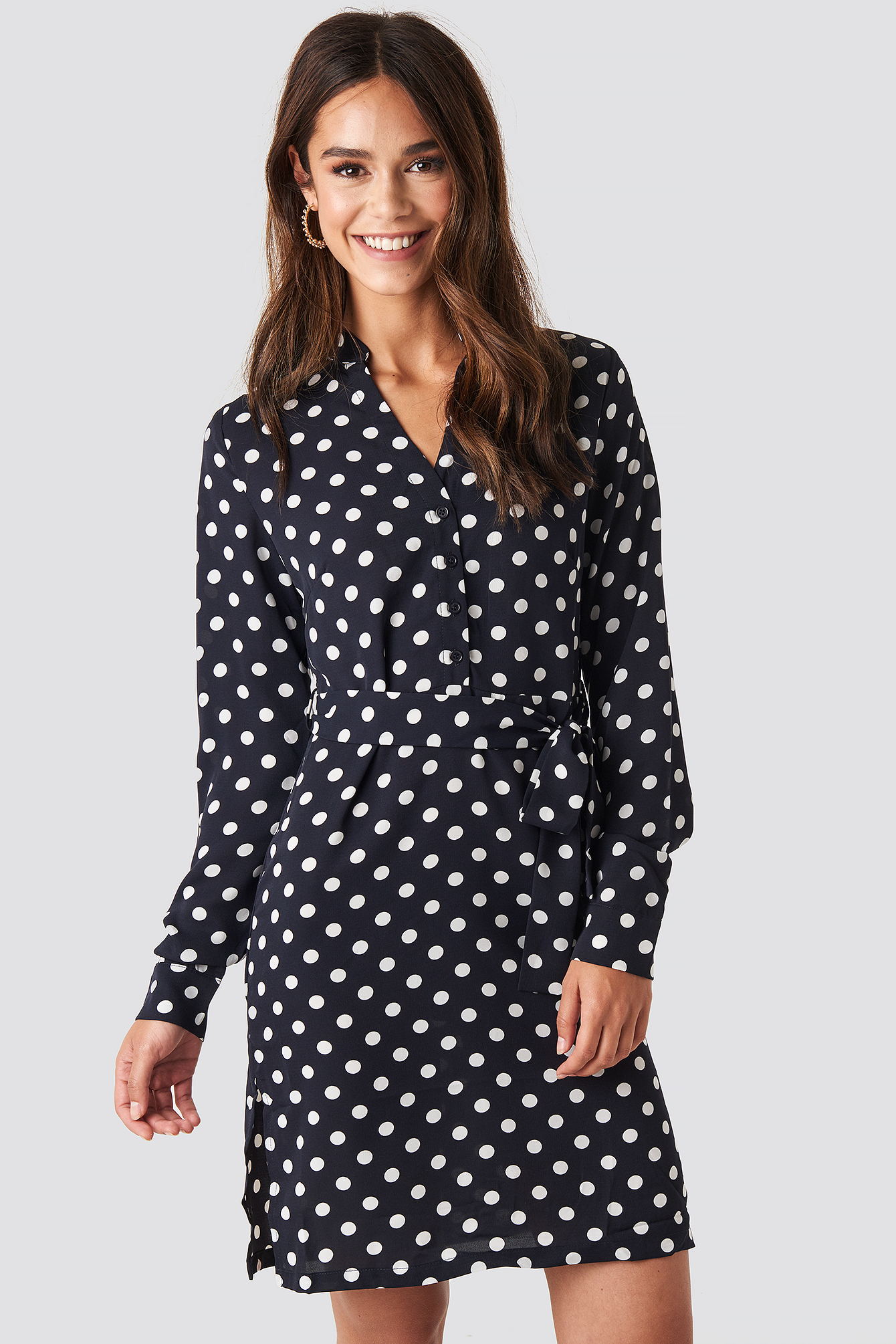 Navy Dotted Tie Waist Slit Dress