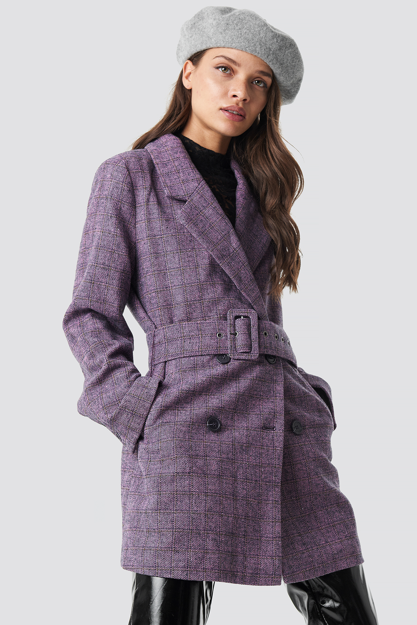 Purple NA-KD Classic Double Breasted Belted Jacket