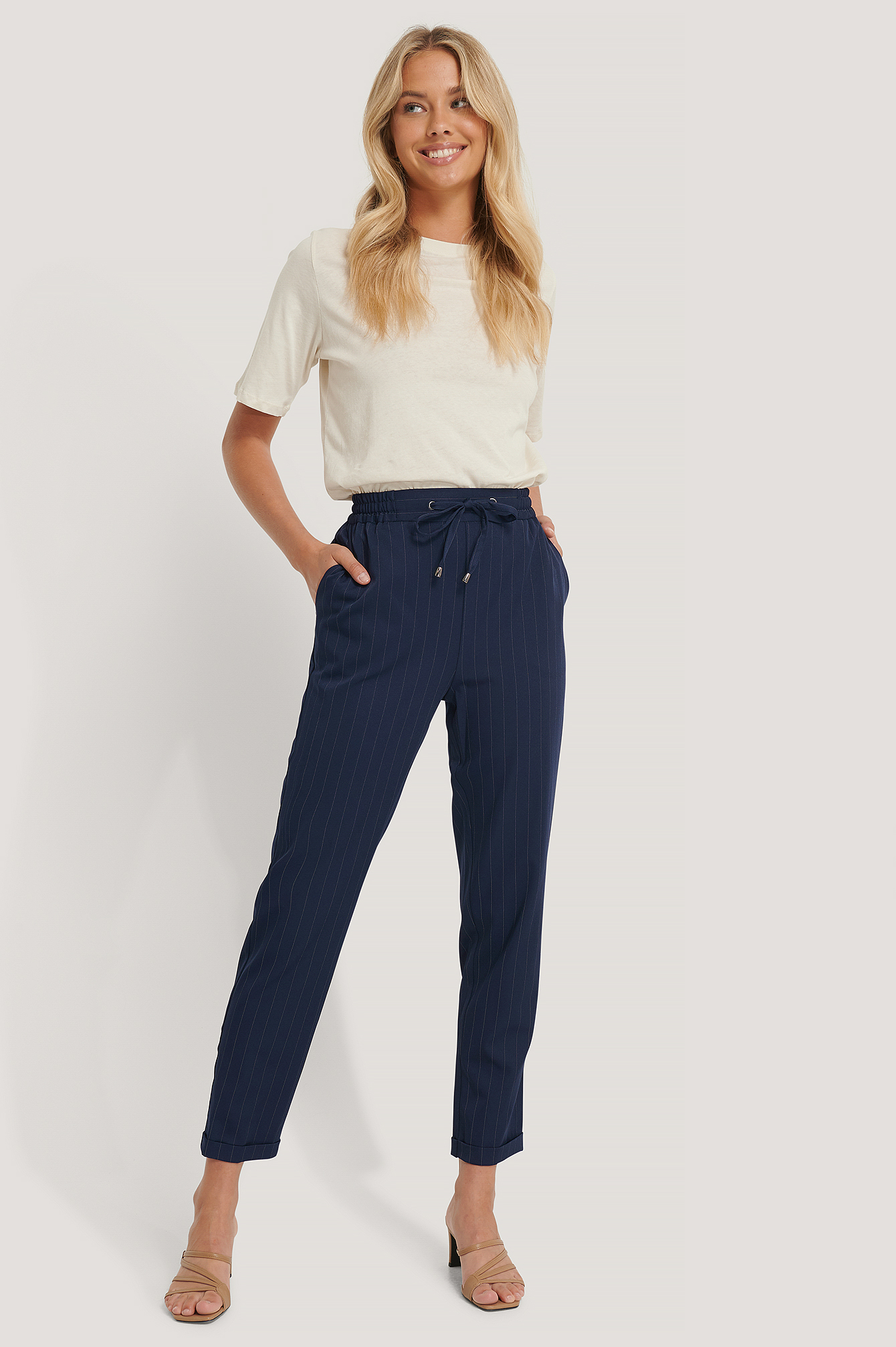 Navy Drawstring Pinstriped Pants