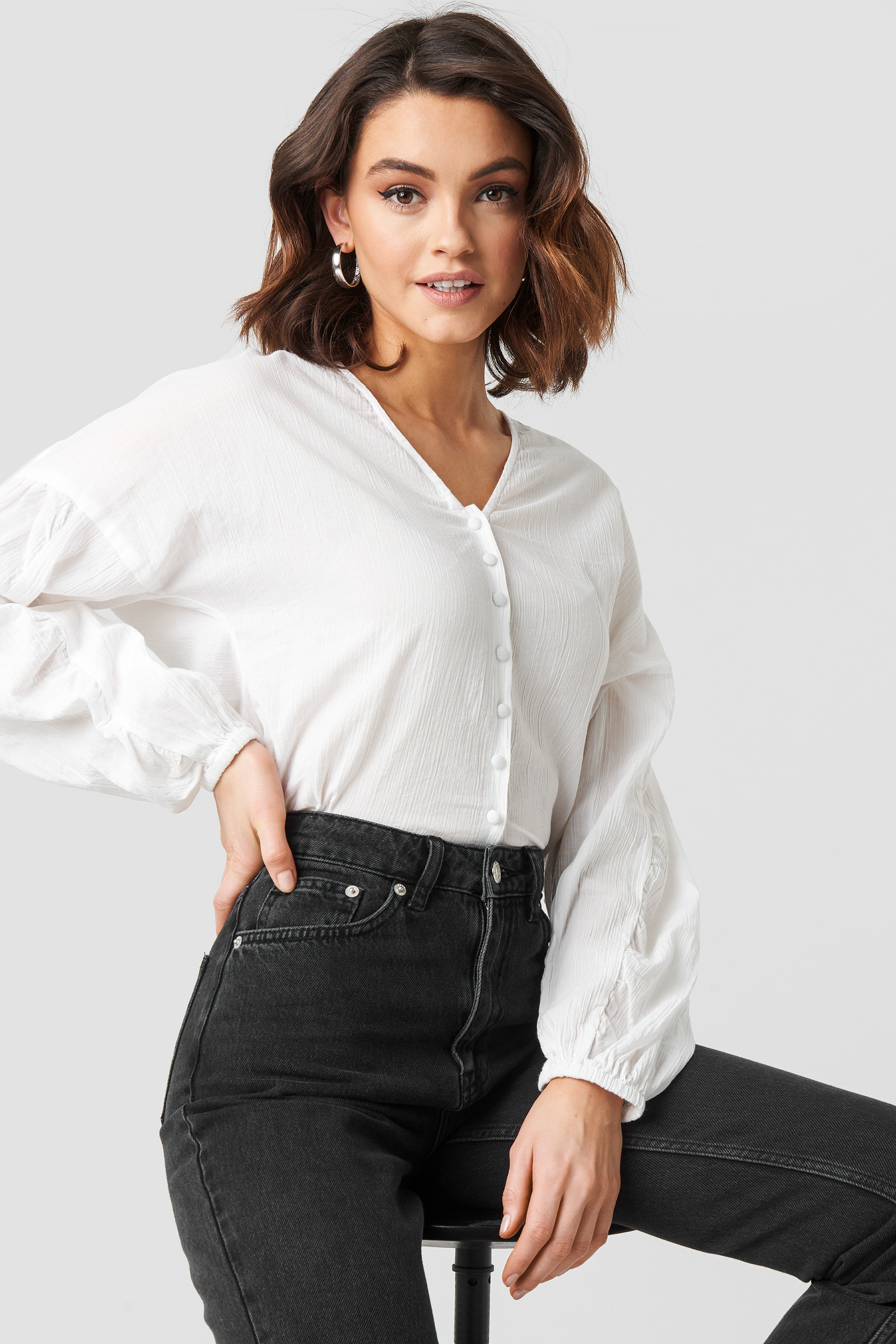 Dropped Shoulder Balloon Sleeve Blouse Blanc NAKD