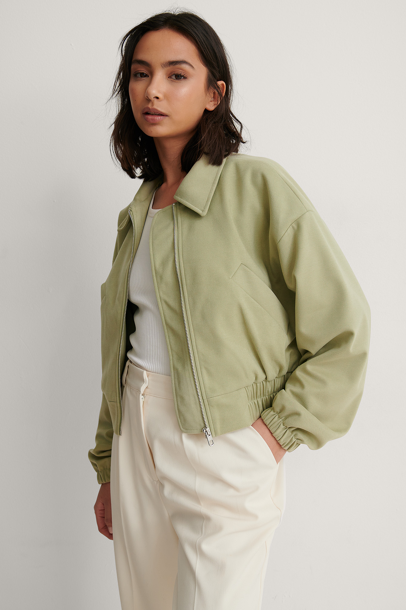 Green Veste Courte À Ourlet Élastique