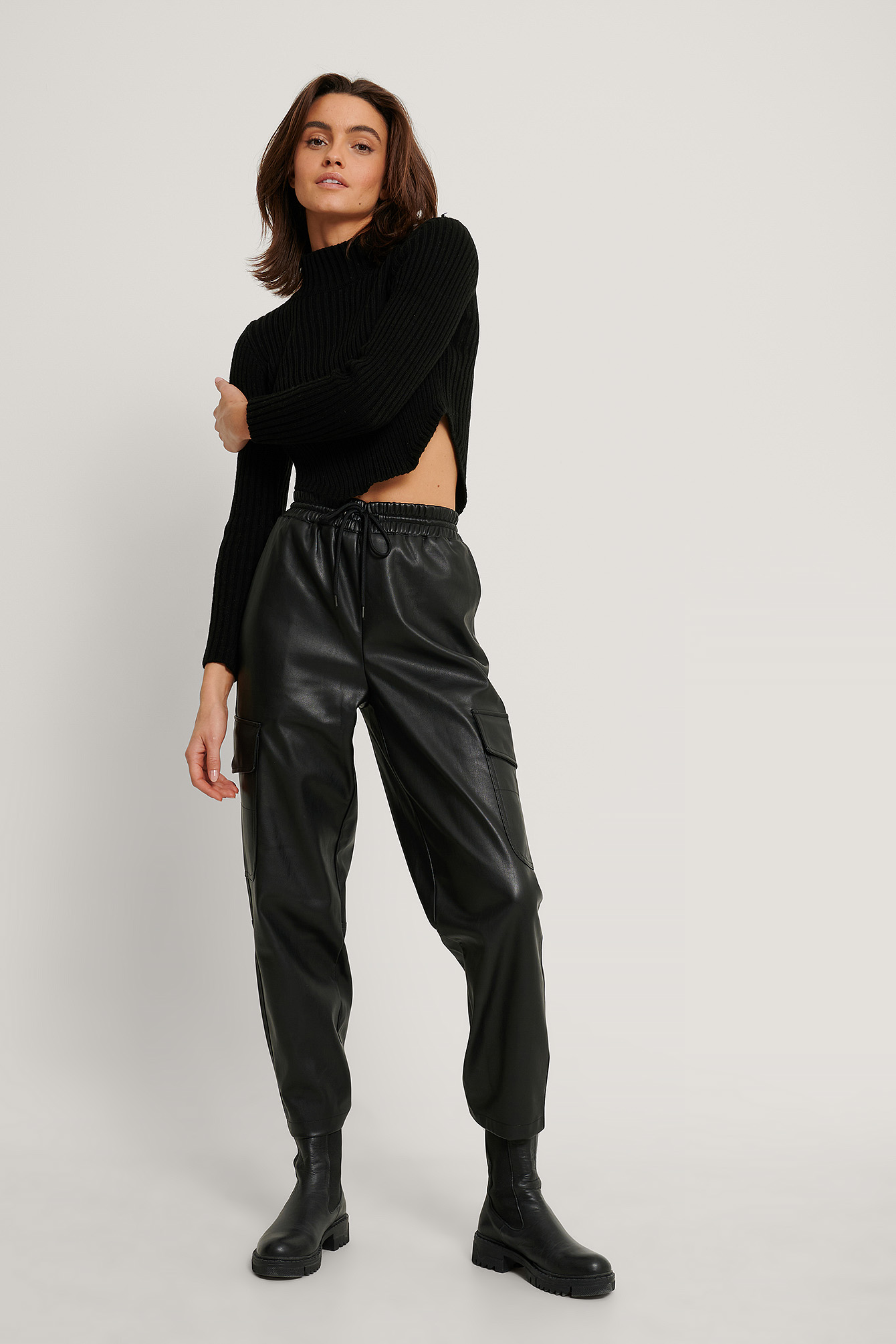Black NA-KD Trend Pantalon En Faux Cuir Taille Élastique