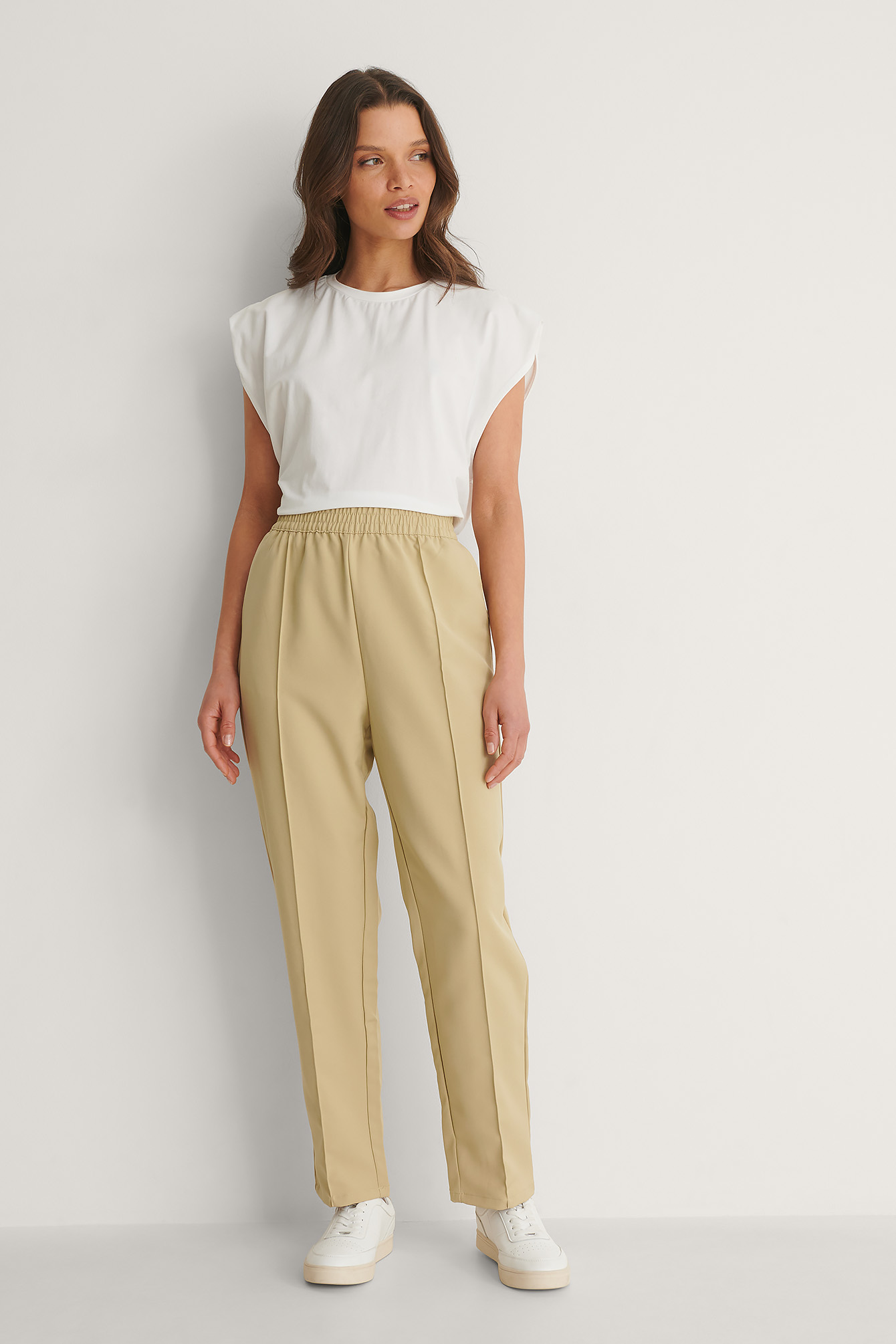 Beige Elastic Waist Seamline Pants