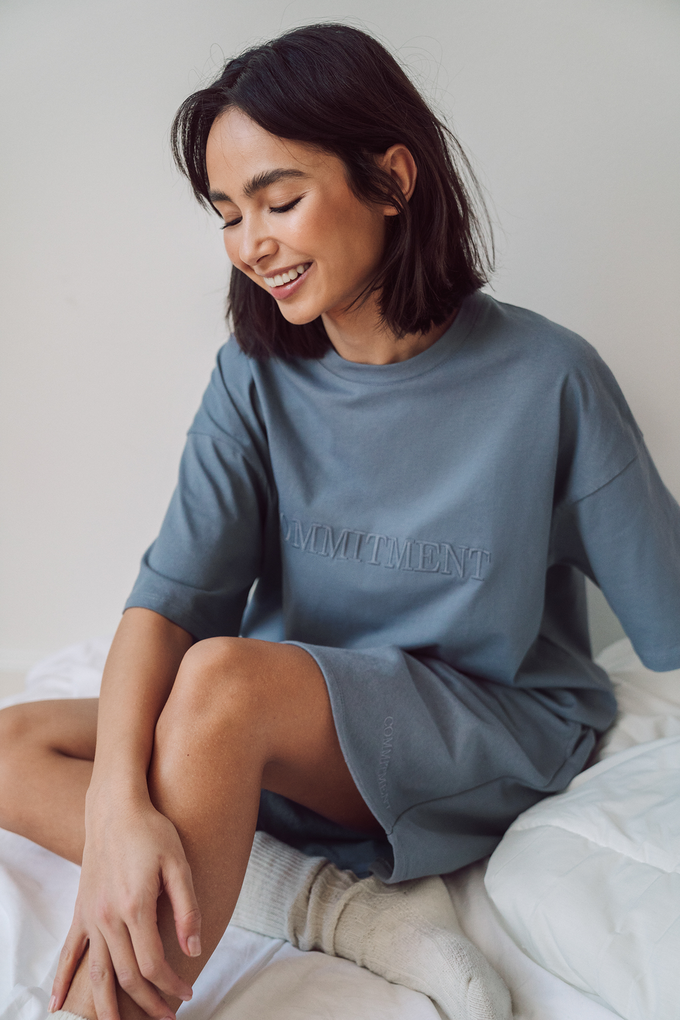 Dusty Blue Biologique T-shirt Boxy Broderie