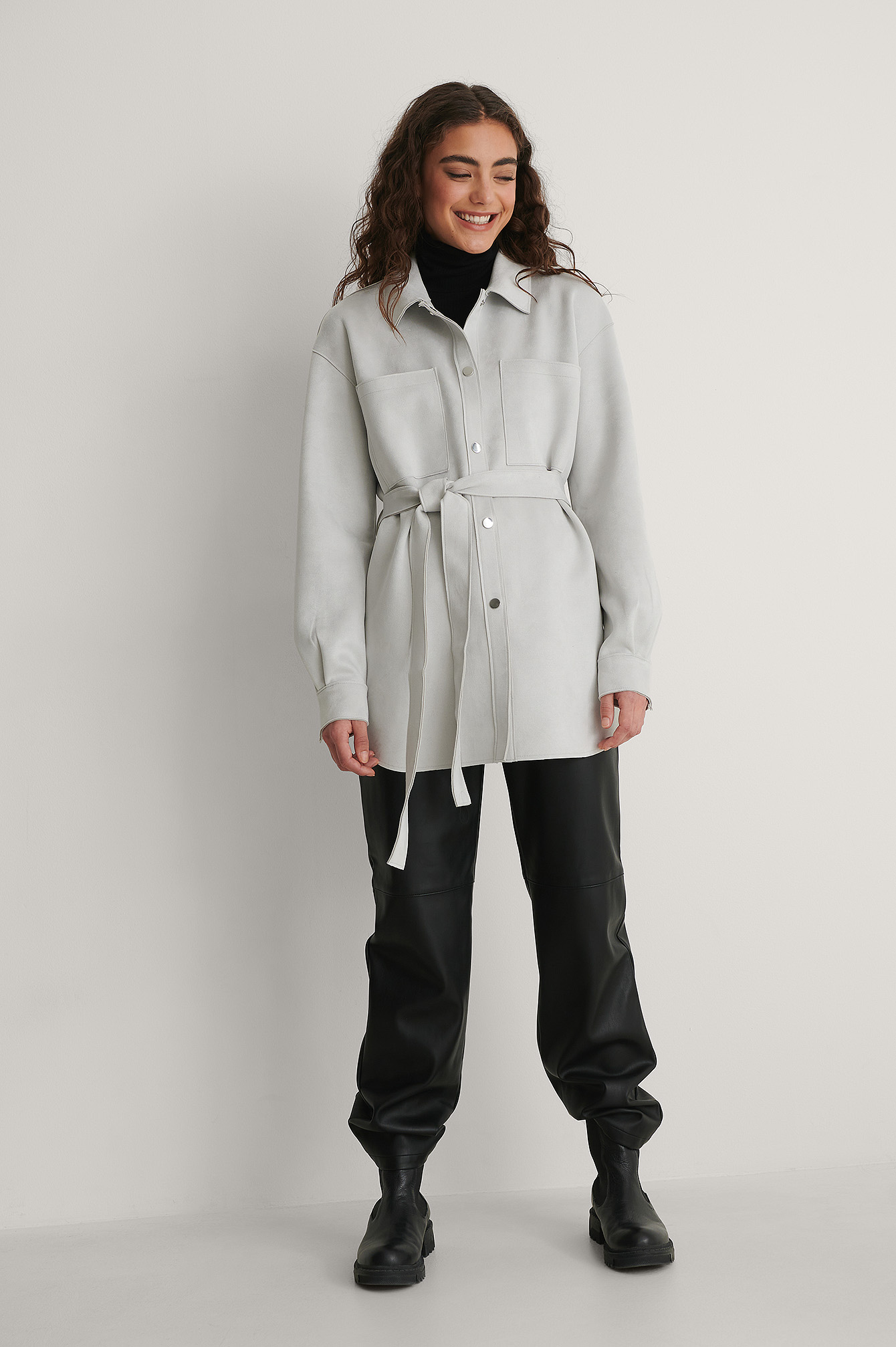 Light Grey Surchemise En Faux Daim Avec Ceinture