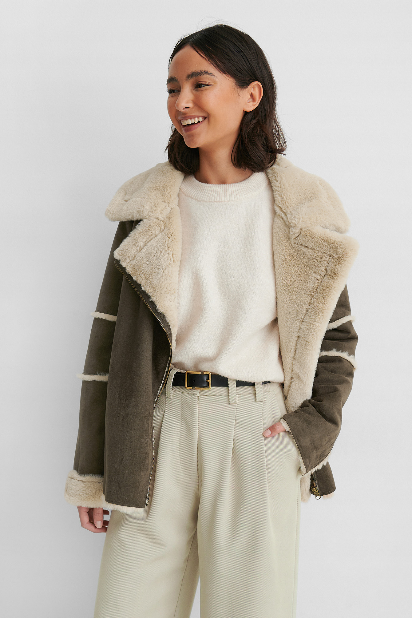 Brown Blouson Aviateur Fausse Fourrure