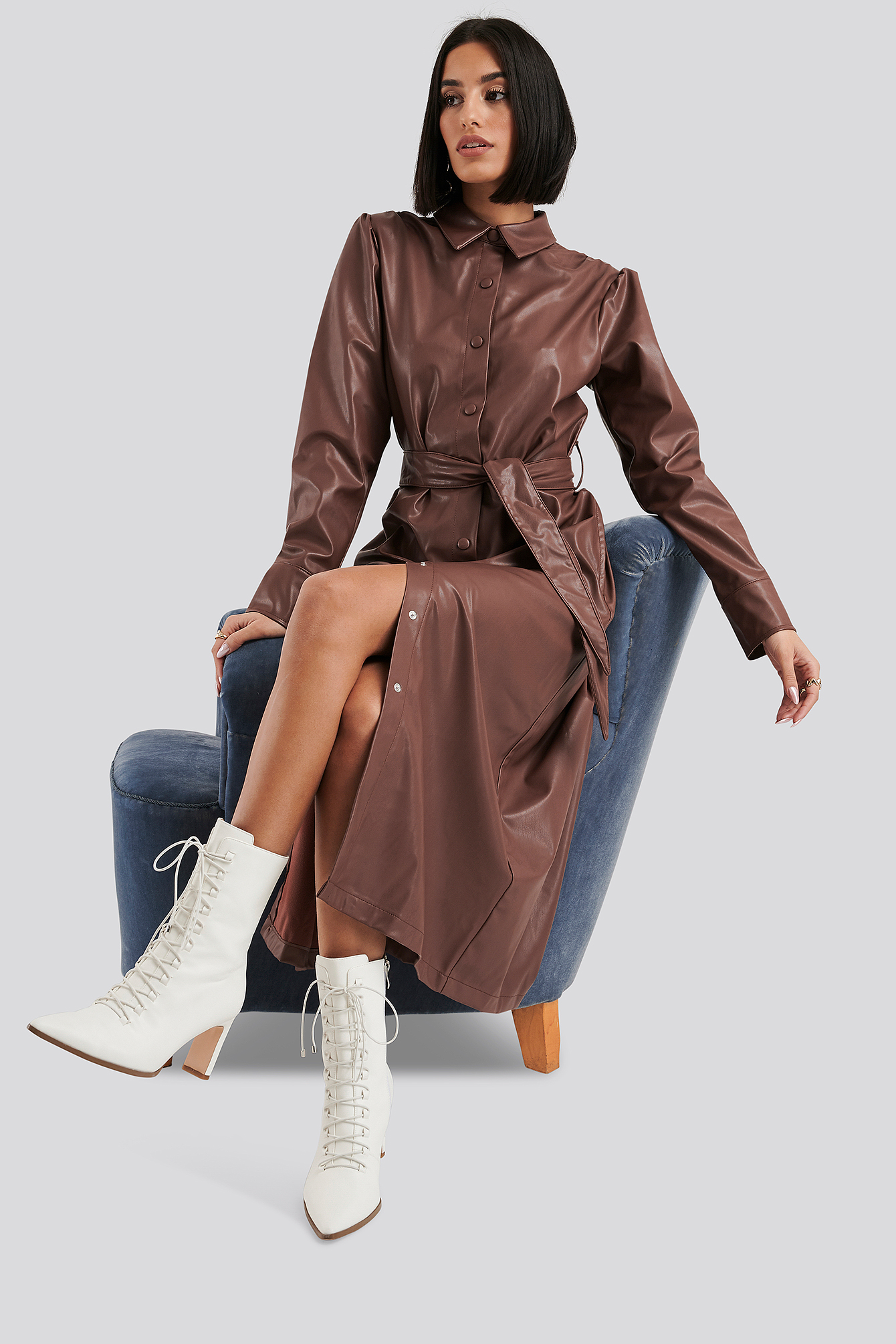 Brown NA-KD Faux Leather Belted Shirt Midi Dress