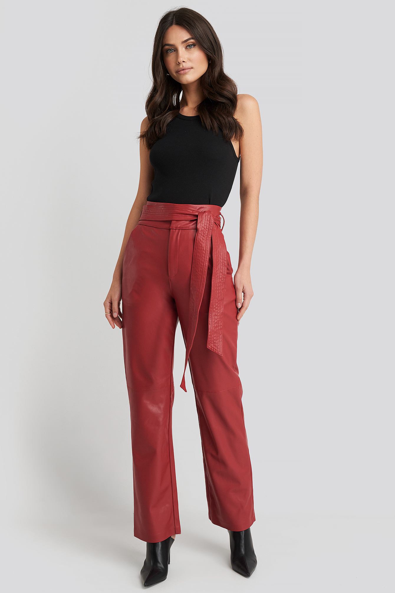 Red NA-KD Party Faux Leather Belted Straight Leg Pants