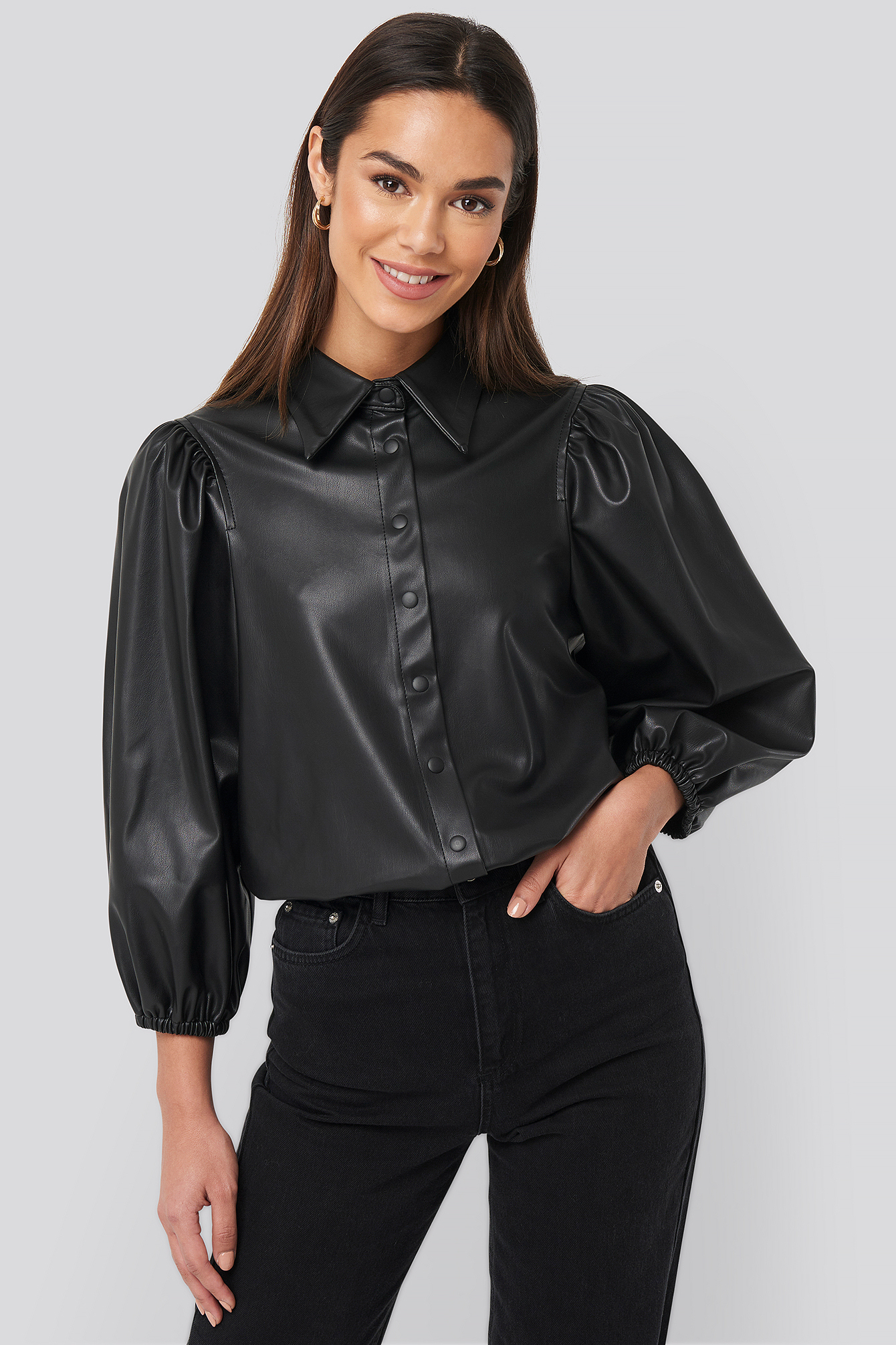 Black NA-KD Trend Faux Leather Puff Sleeve Shirt