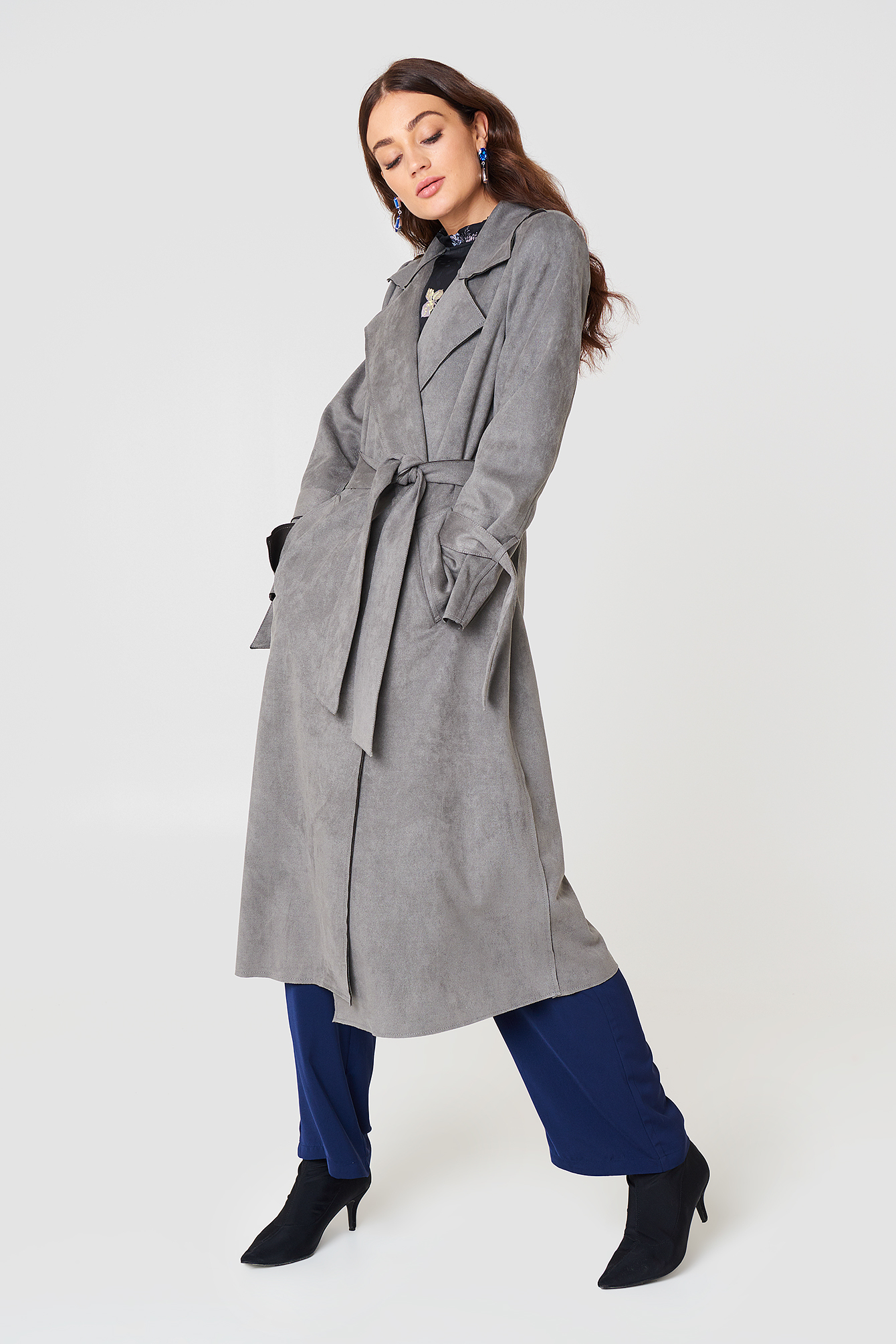 Grey NA-KD Faux Suede Bonded Trenchcoat