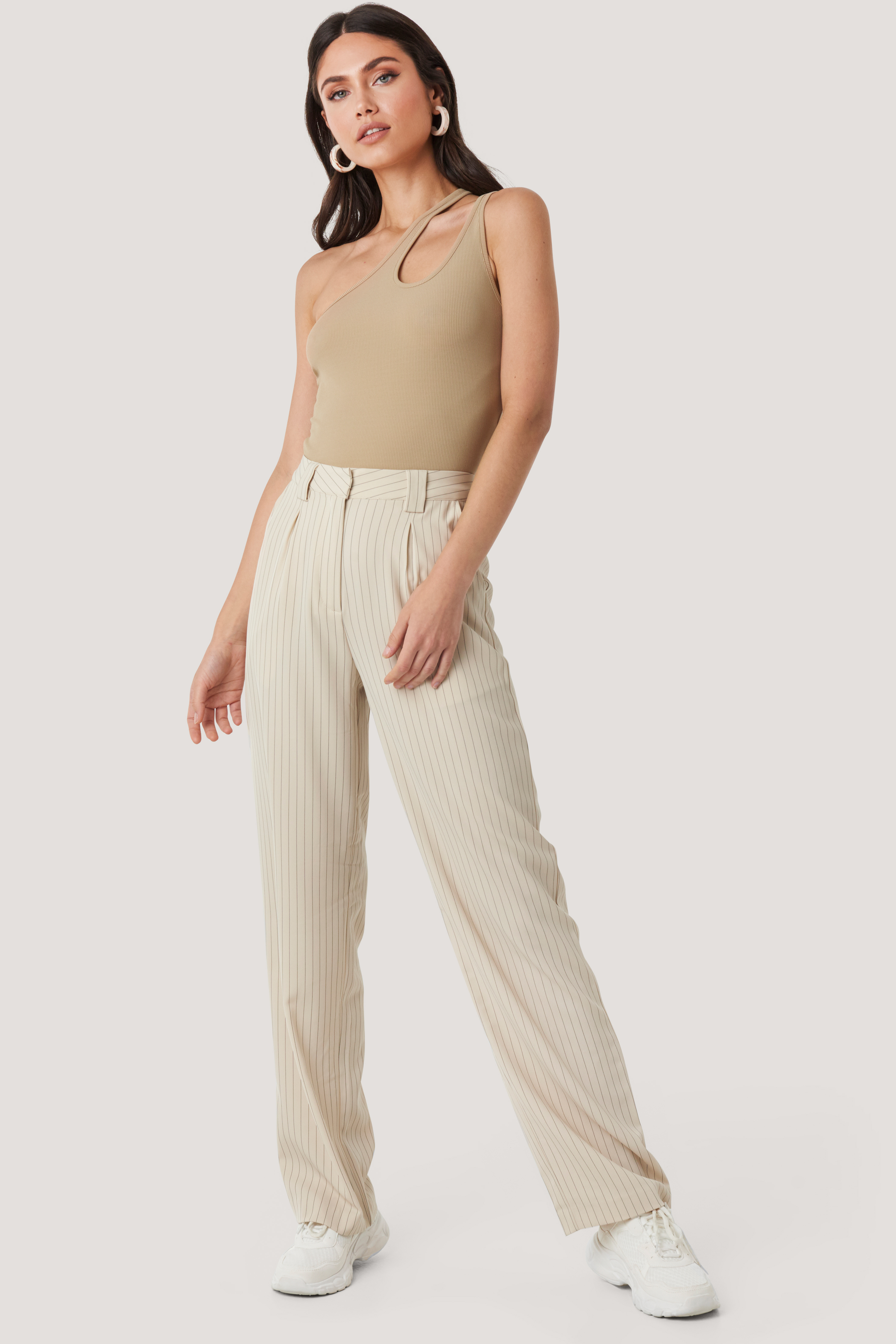Beige Flared Striped Pants