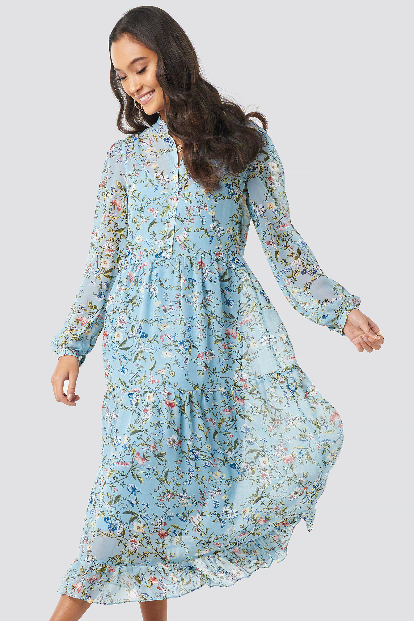 Blue Flower Print Tiered Midi Dress