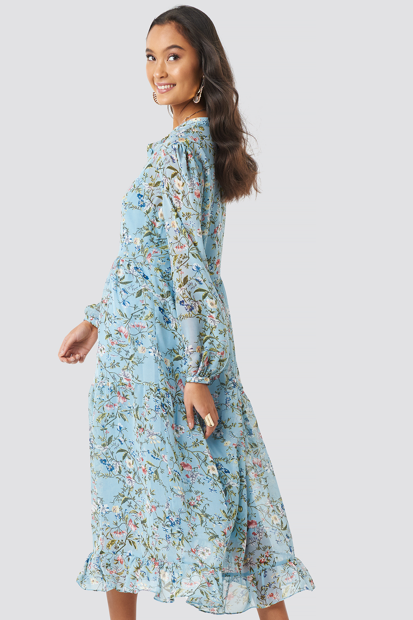 Blue Flower Print Tiered Midi Dress