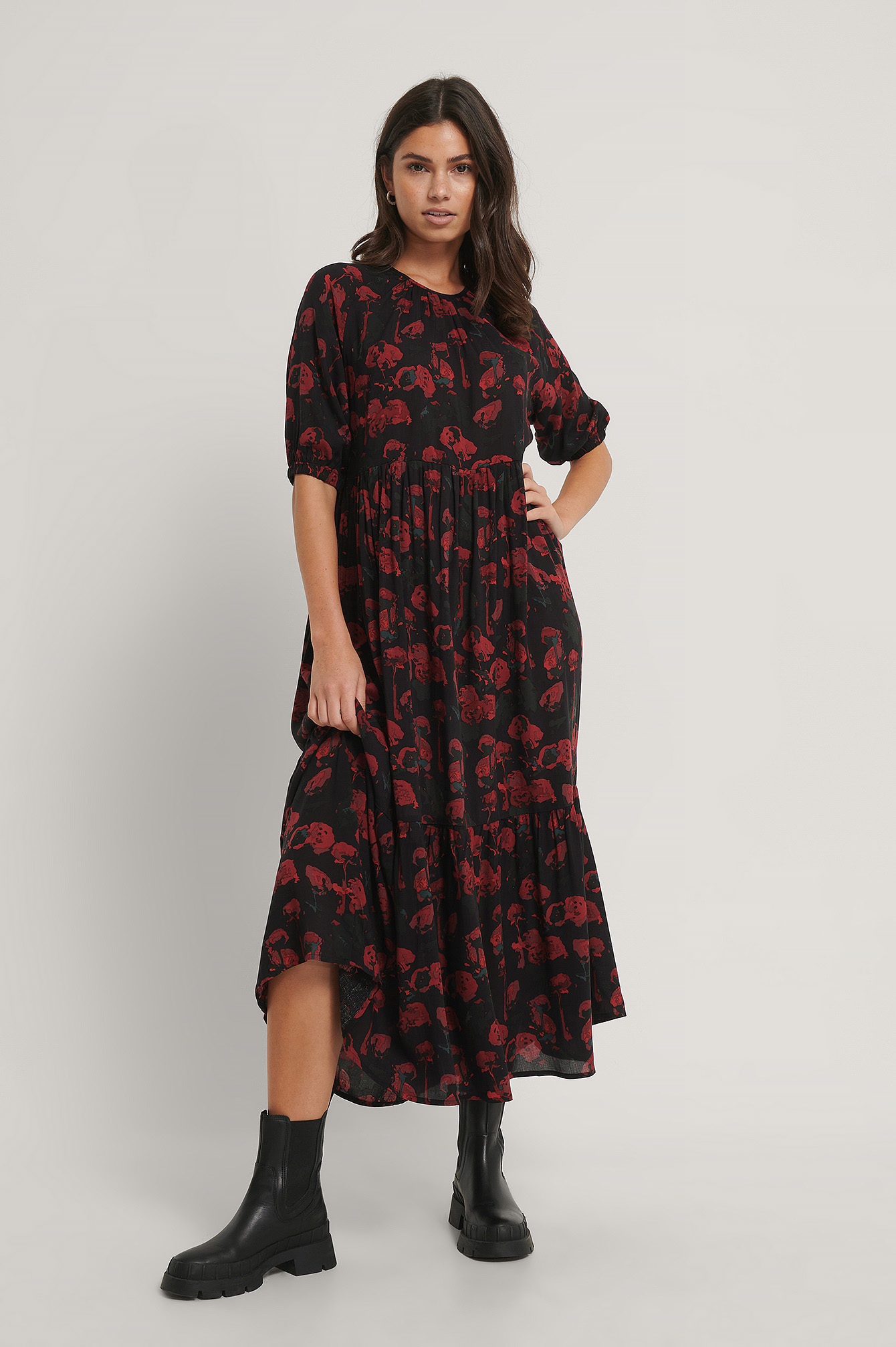 Red Flower Robe Chemise Manches Courtes