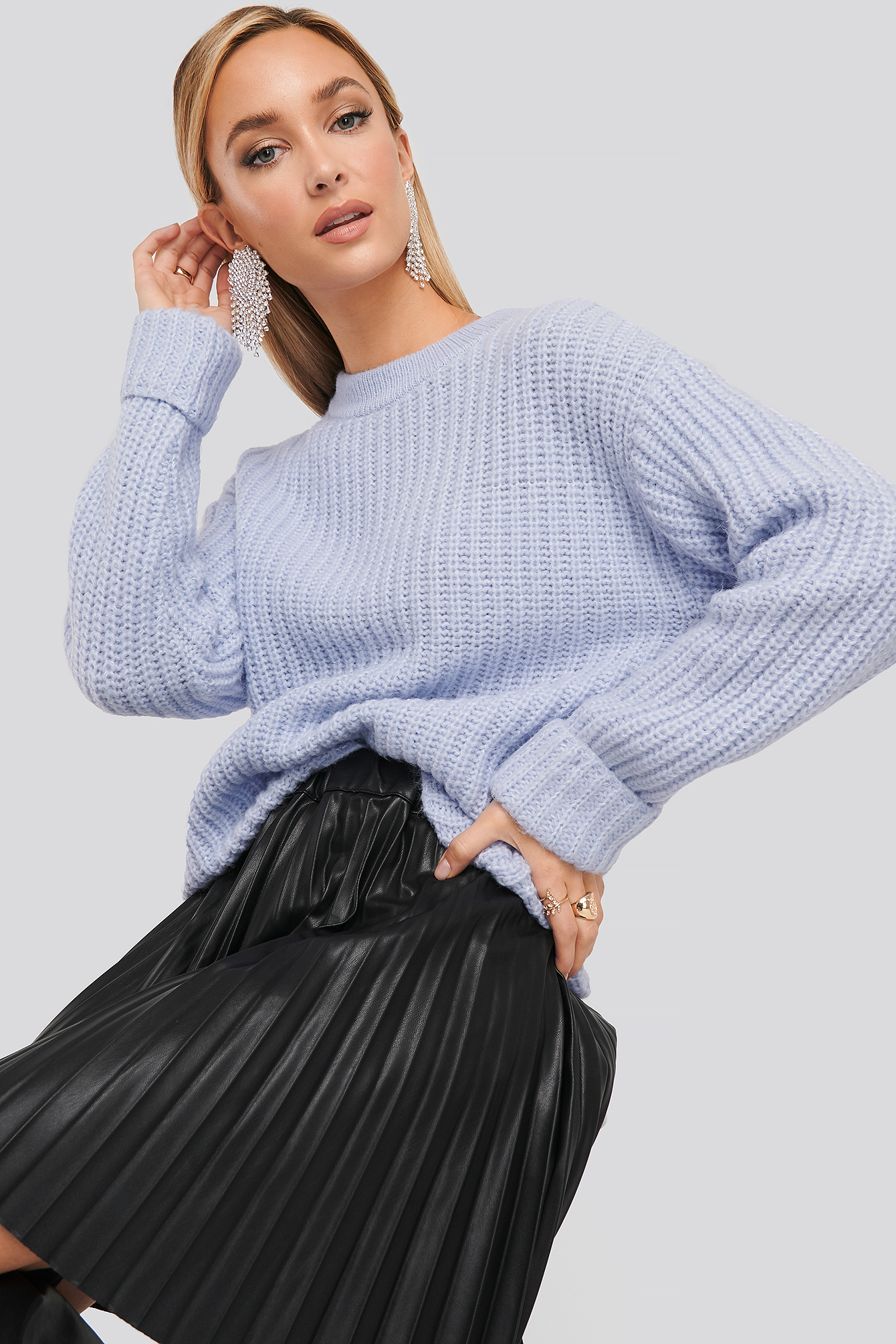 Dusty Blue NA-KD Trend Folded Sleeve Chunky Sweater