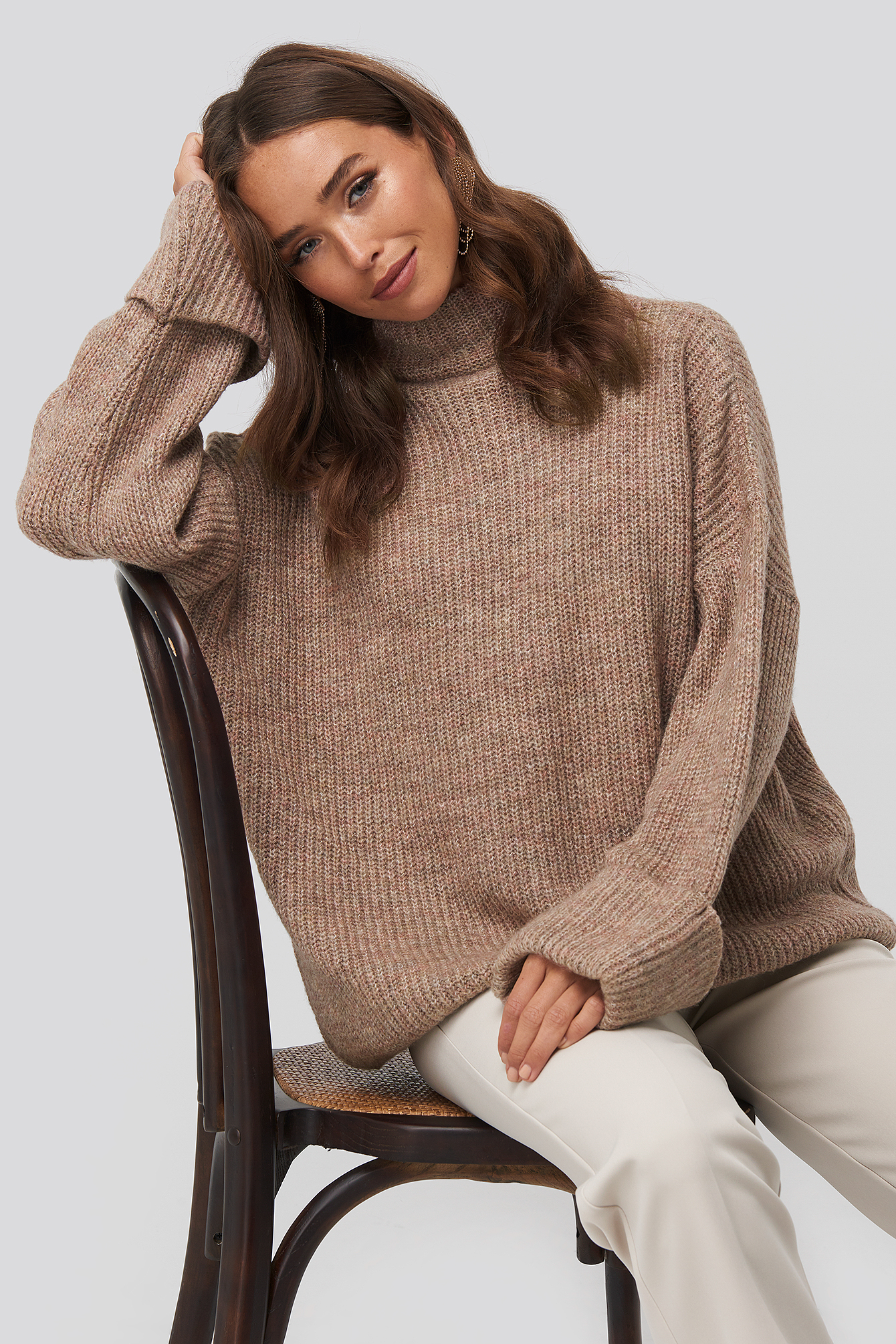 Dusty Pink Folded Sleeve Turtle Neck Knitted Sweater