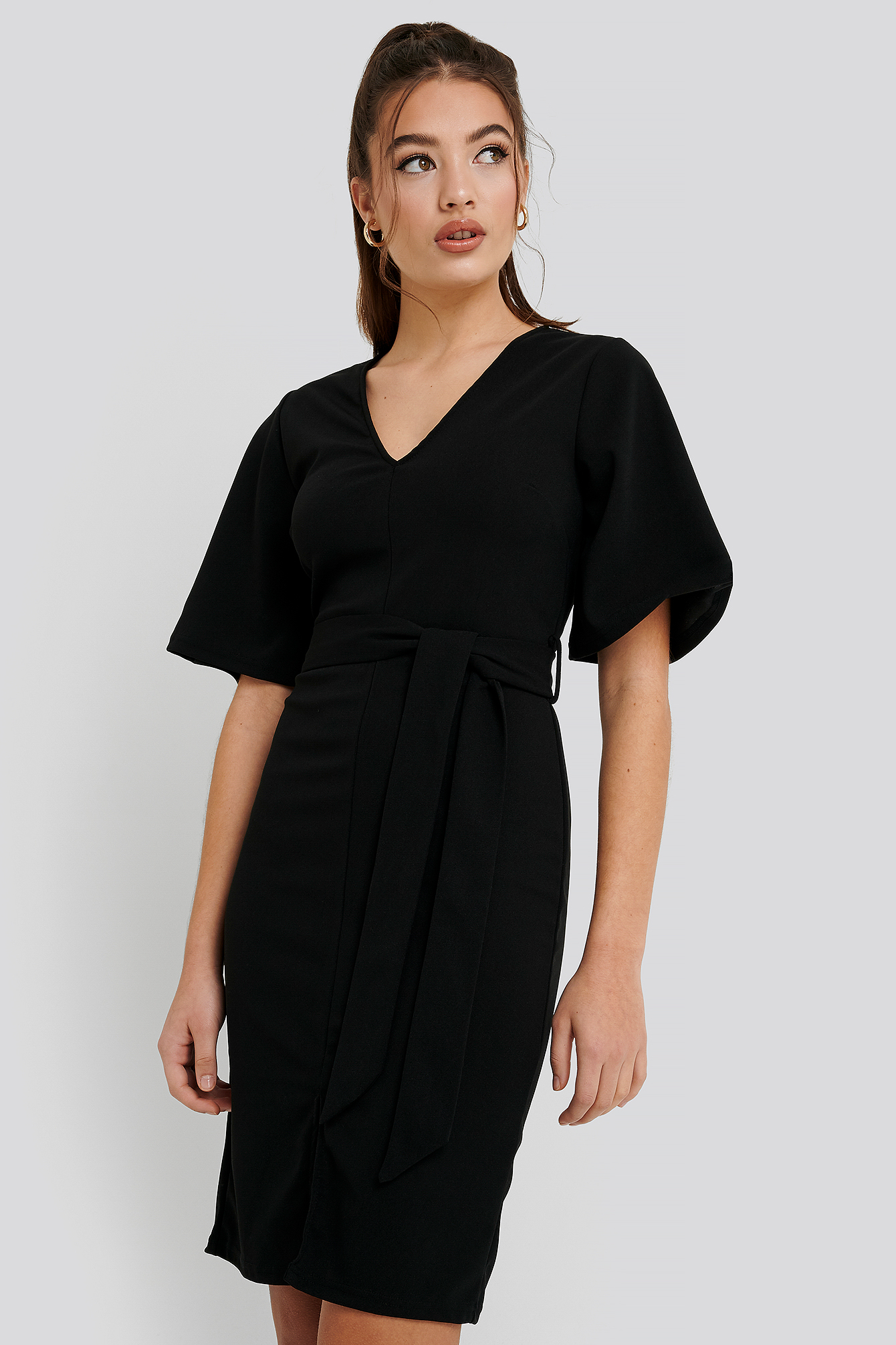Black Front Slit Belted Dress