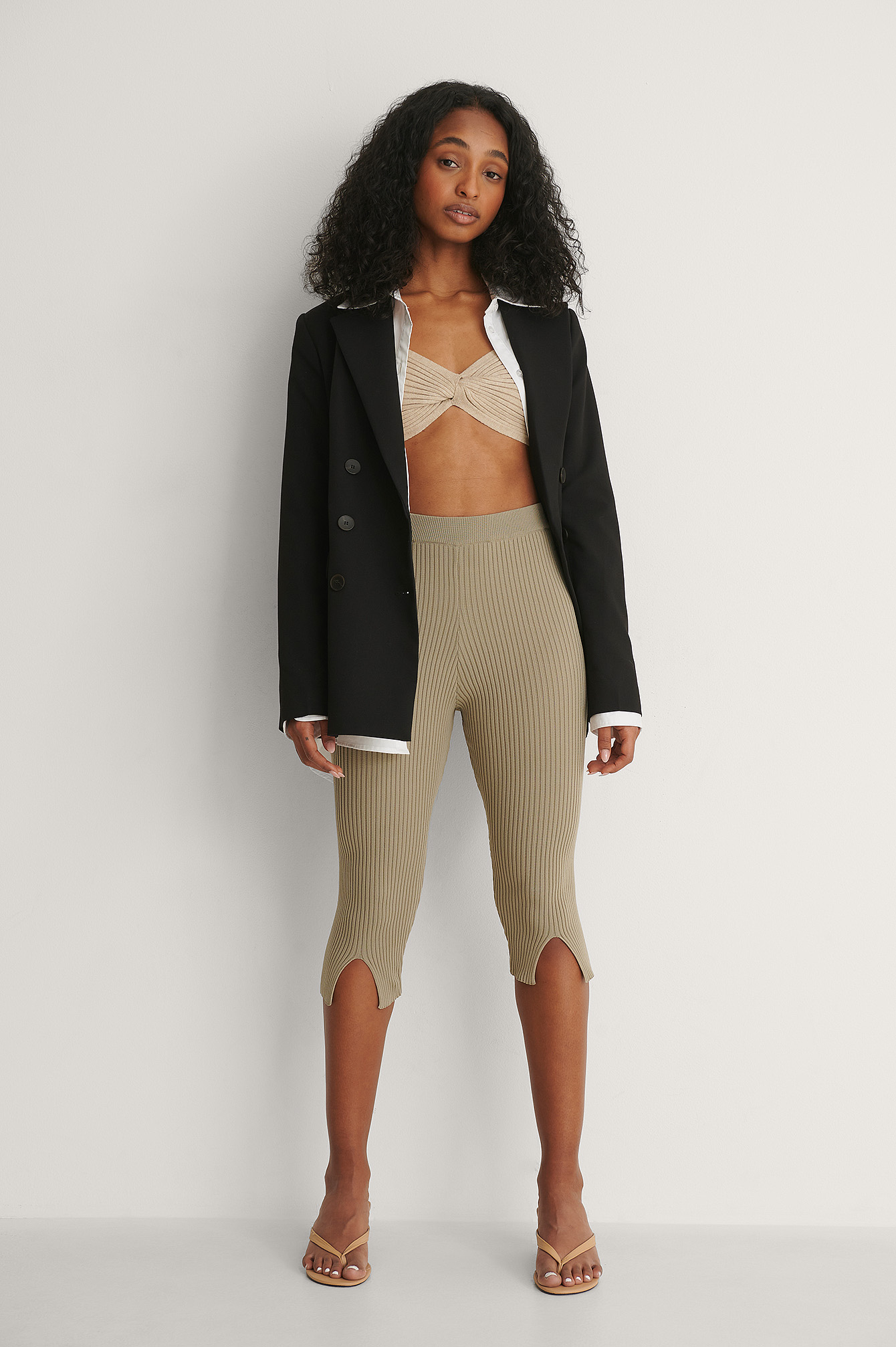 Light Khaki Leggings En Maille À Fente Avant