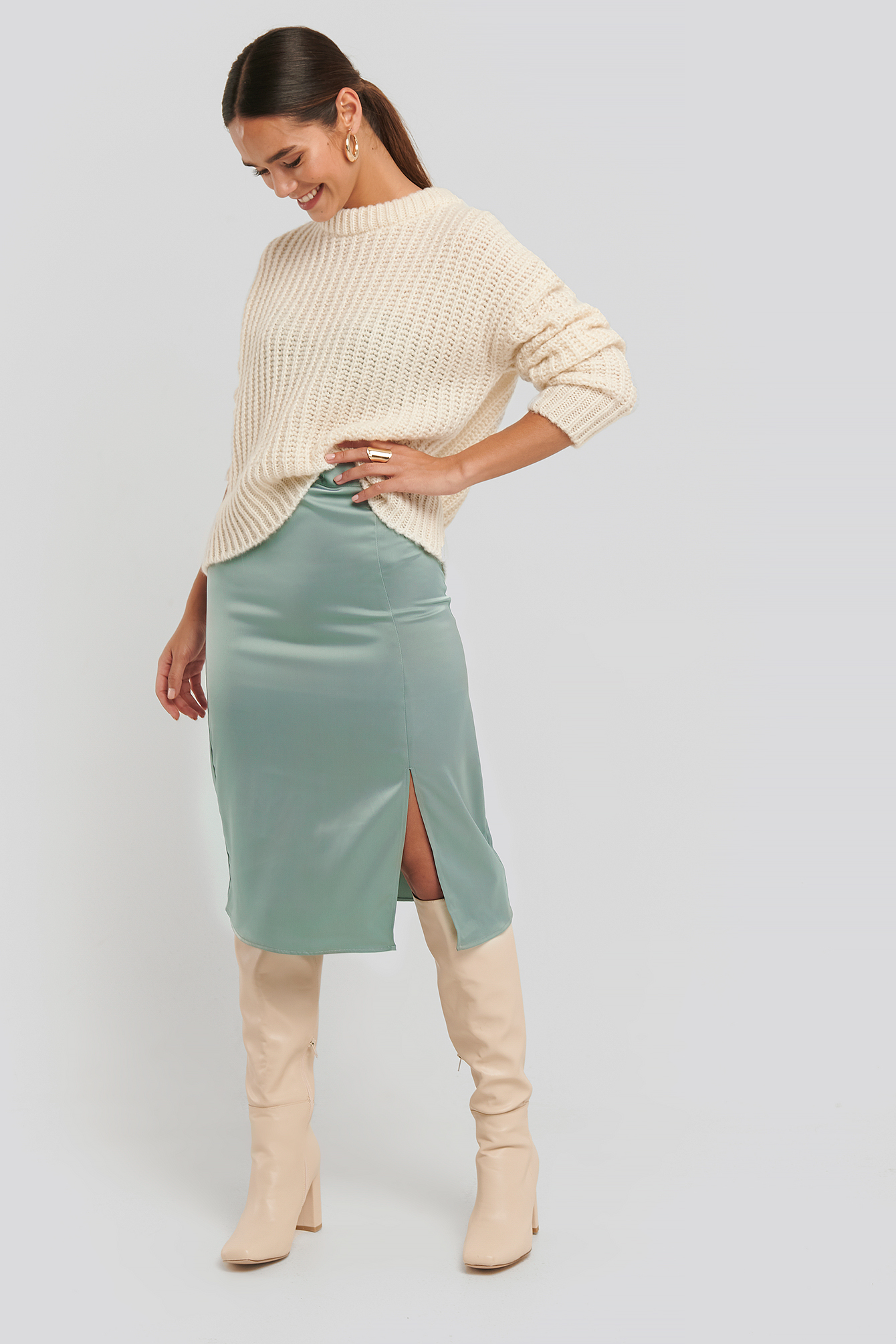 Dusty Petrol NA-KD Trend Front Slit Satin Skirt