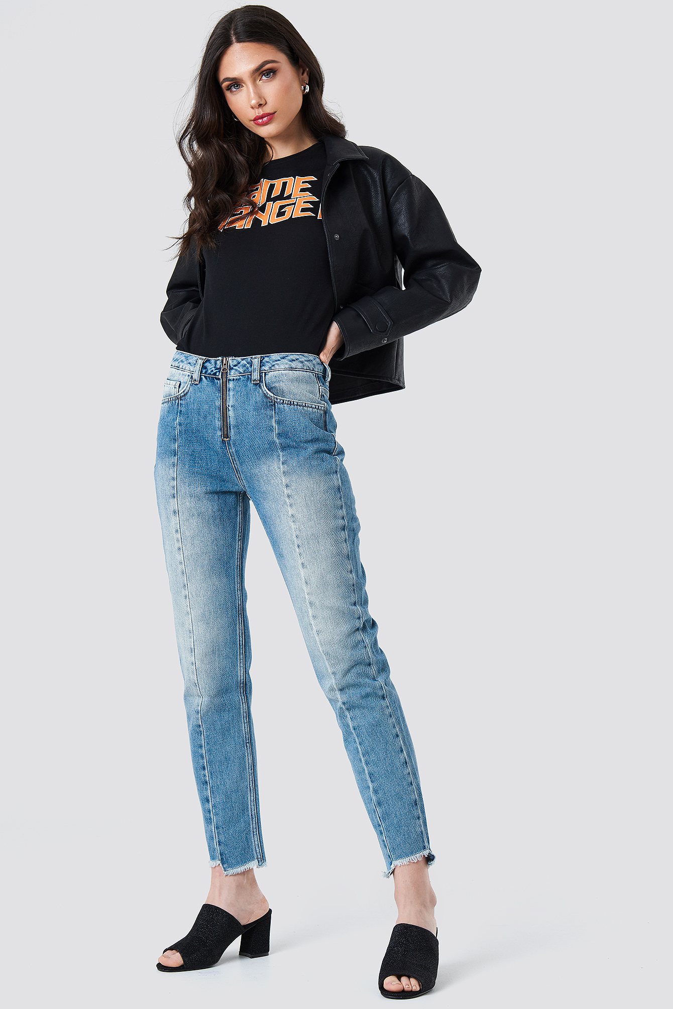 Mid Blue Front Zipper Panel Jeans