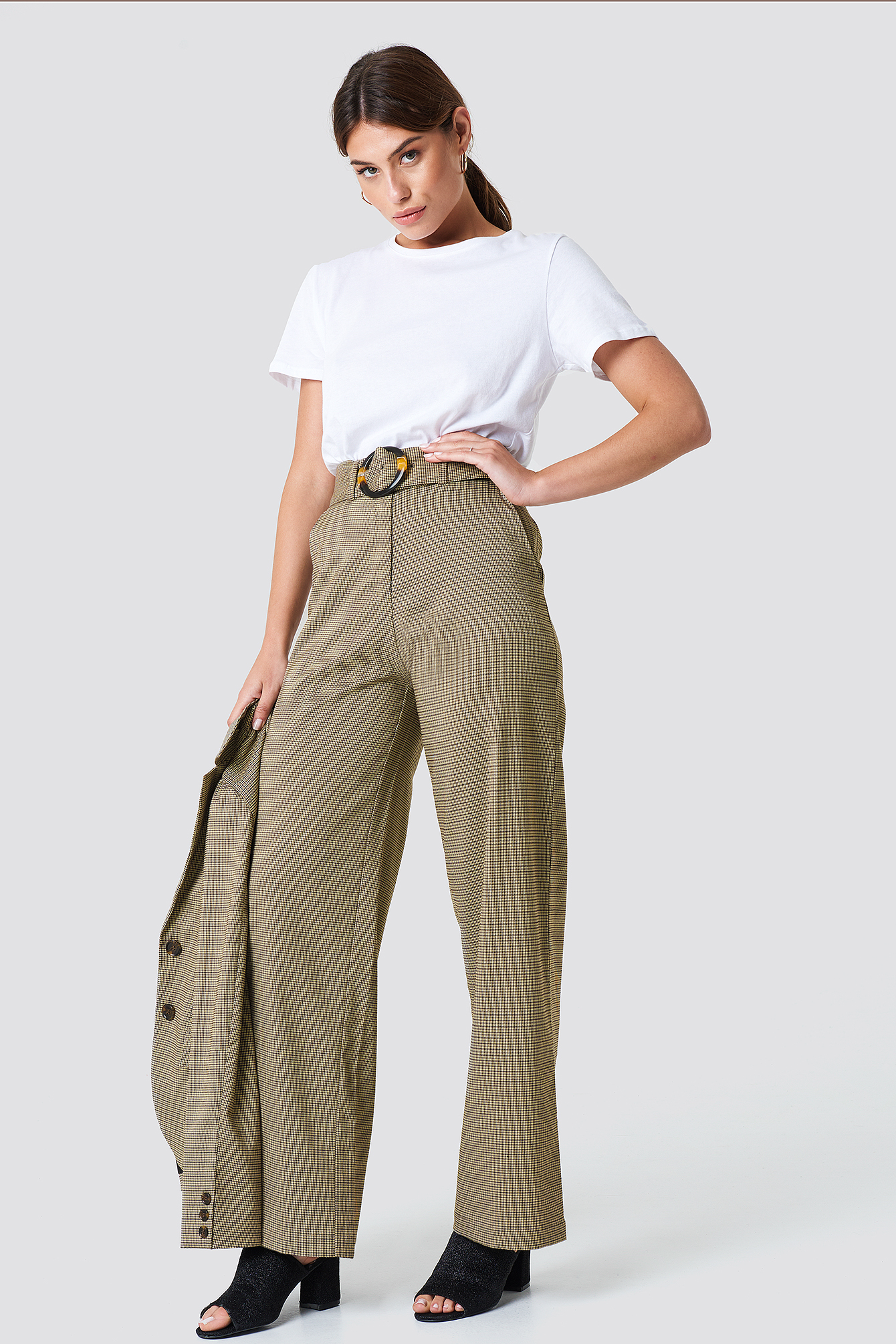 Brown Gathered Waist Dog-tooth Pants