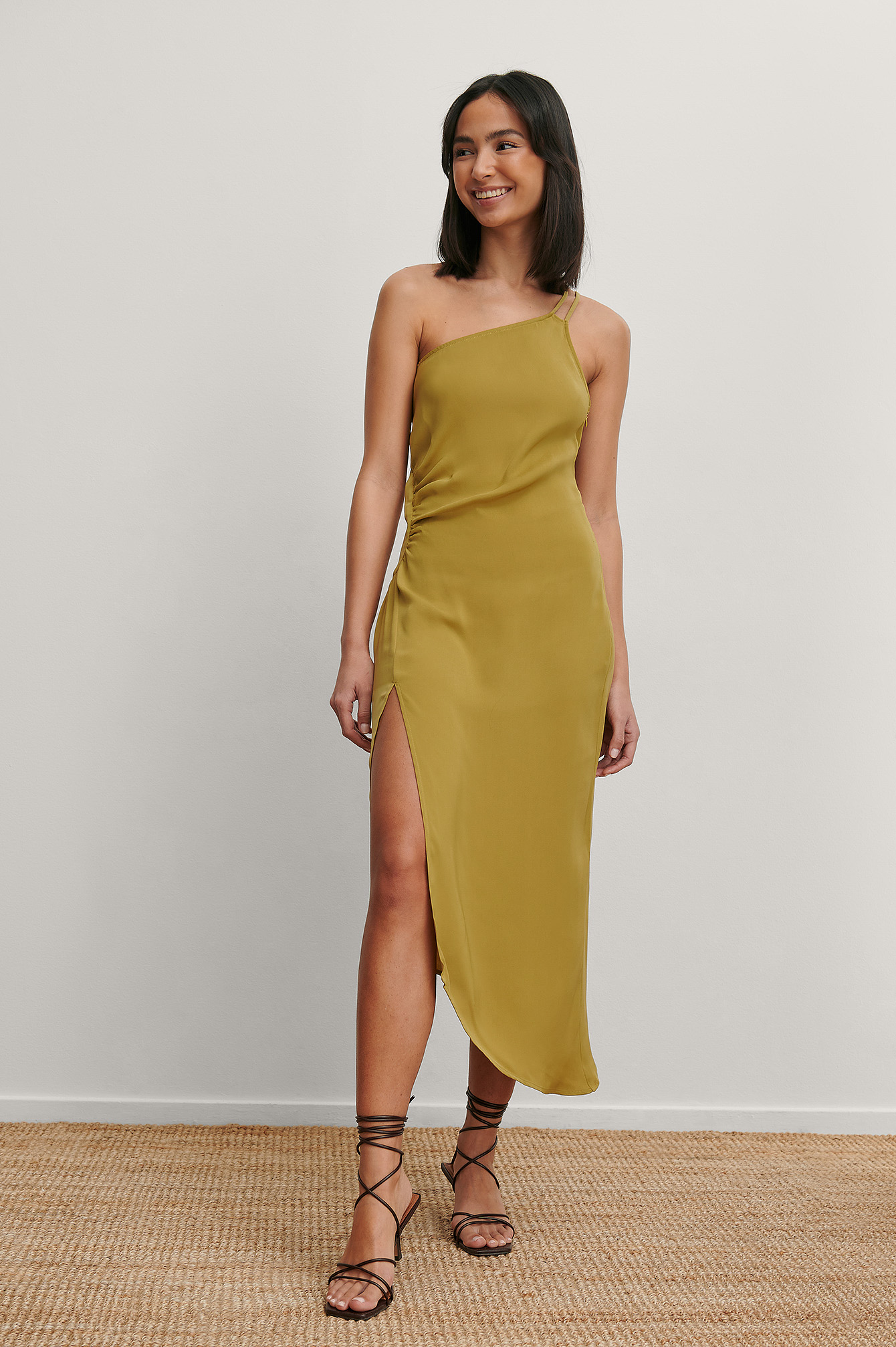 Olive Green Recyclée Robe Midi À Taille Froncée