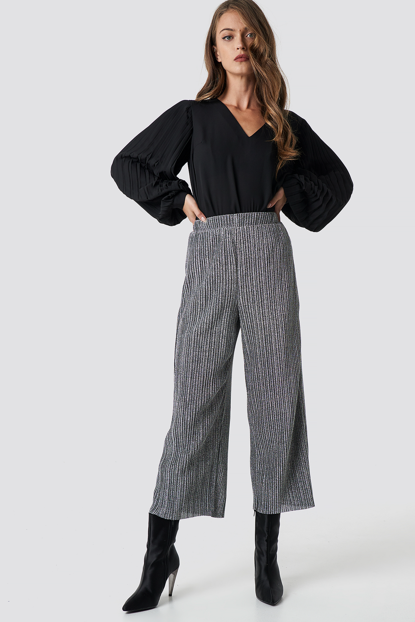 Silver NA-KD Party Glittery Pleated Culottes