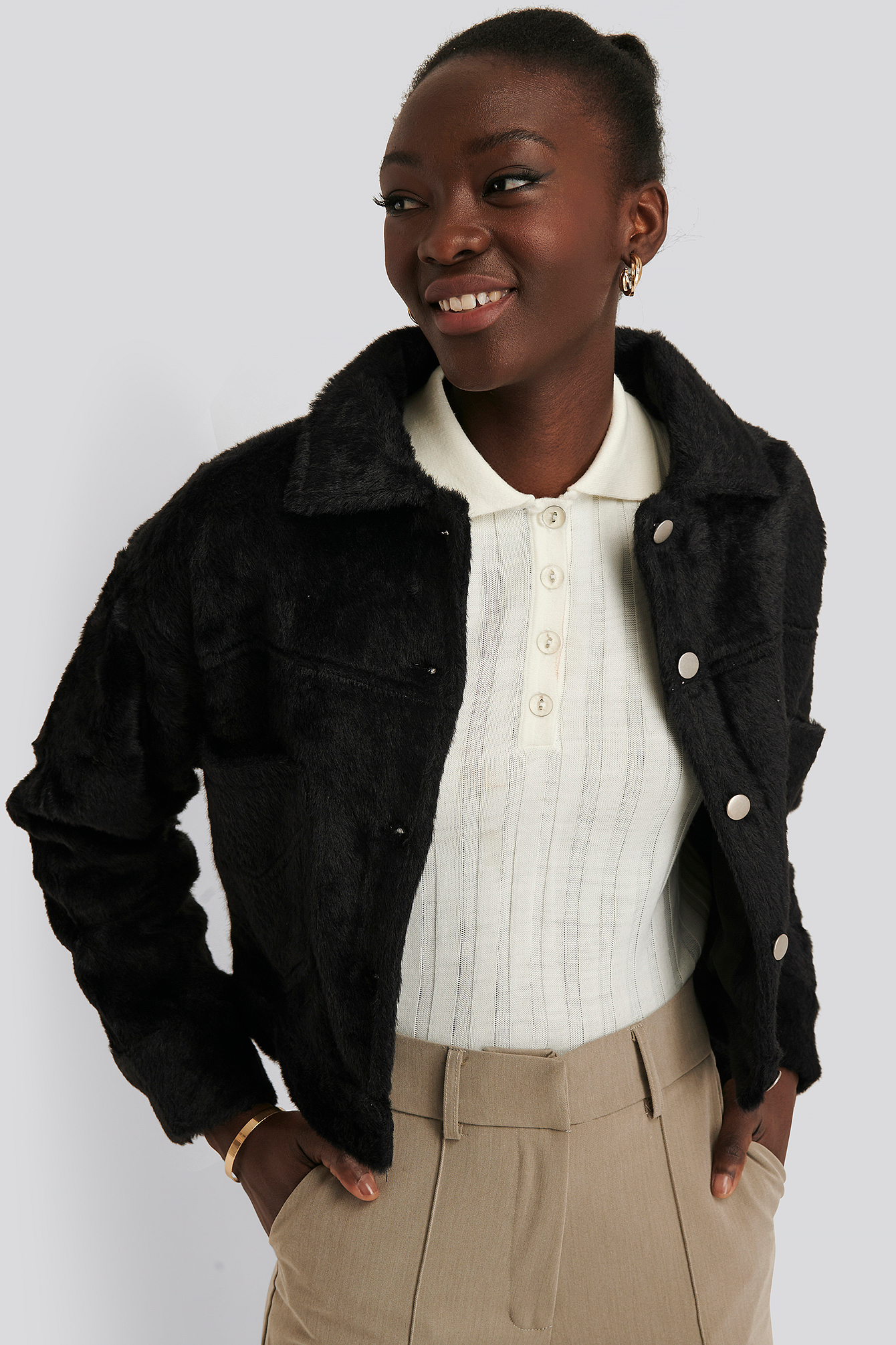 Black Hairy Faux Fur Jacket