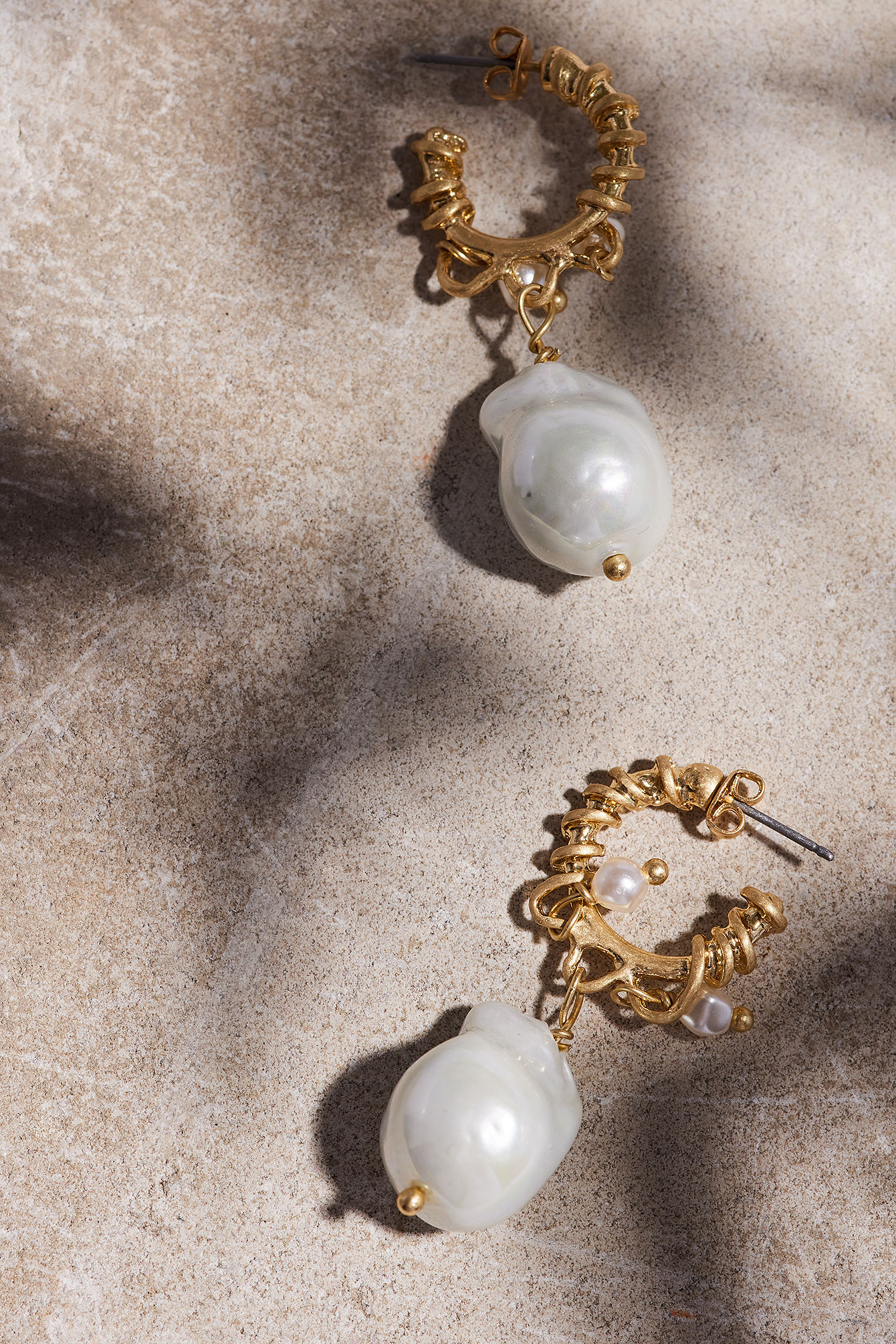 White/Gold Hanging Pearl Twist Hoops