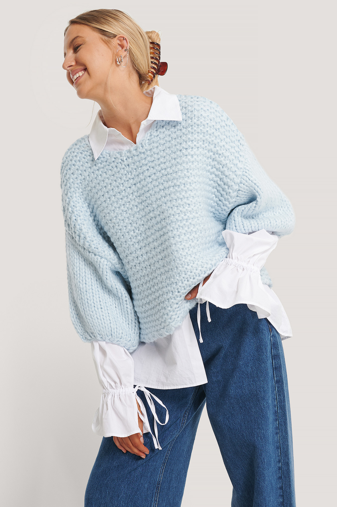 Blue Heavy Knitted Short Sleeve Sweater