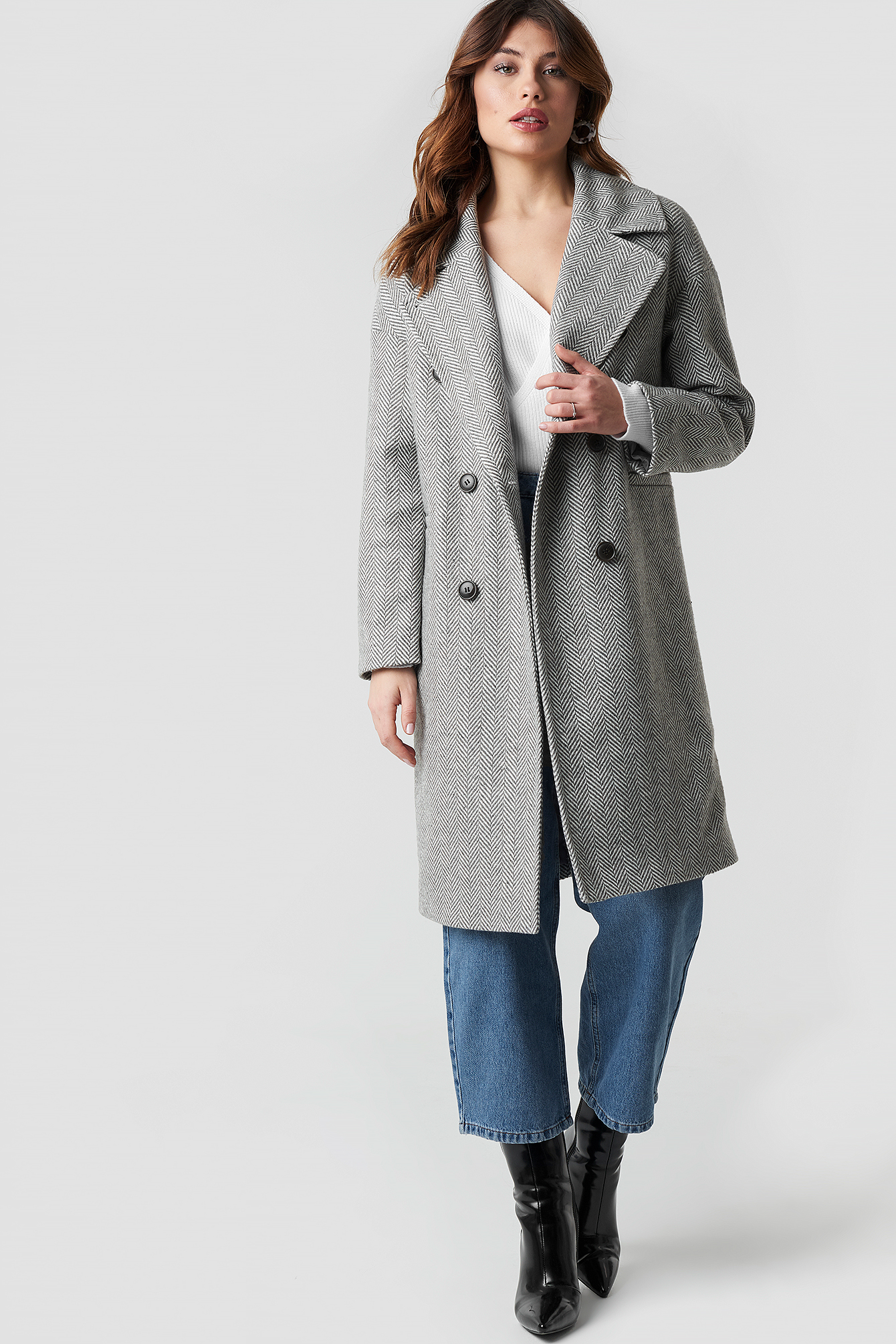 Grey Pattern NA-KD Trend Herringbone Double Breasted Coat