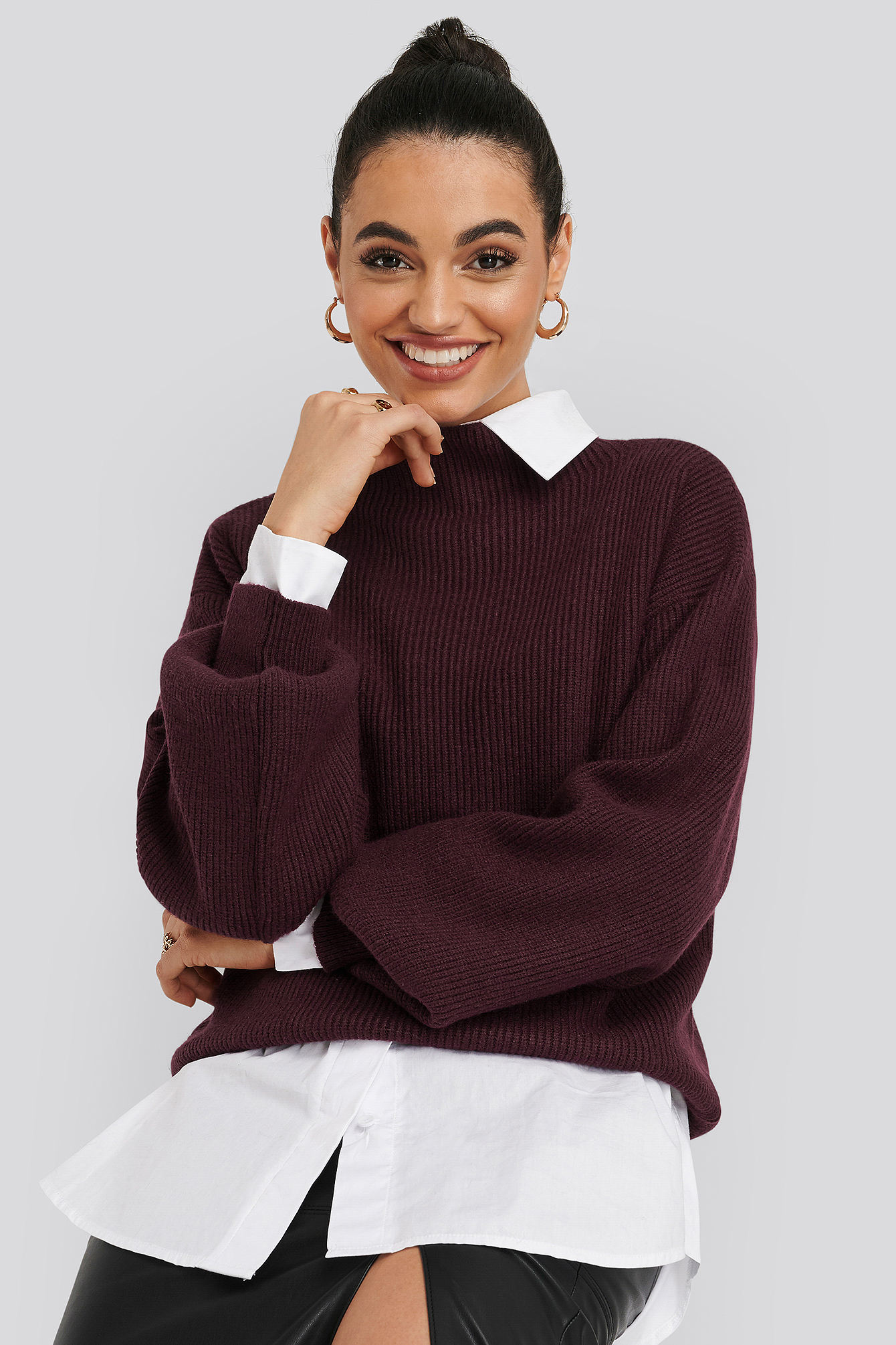 Burgundy High Neck Big Sleeve Knitted Sweater