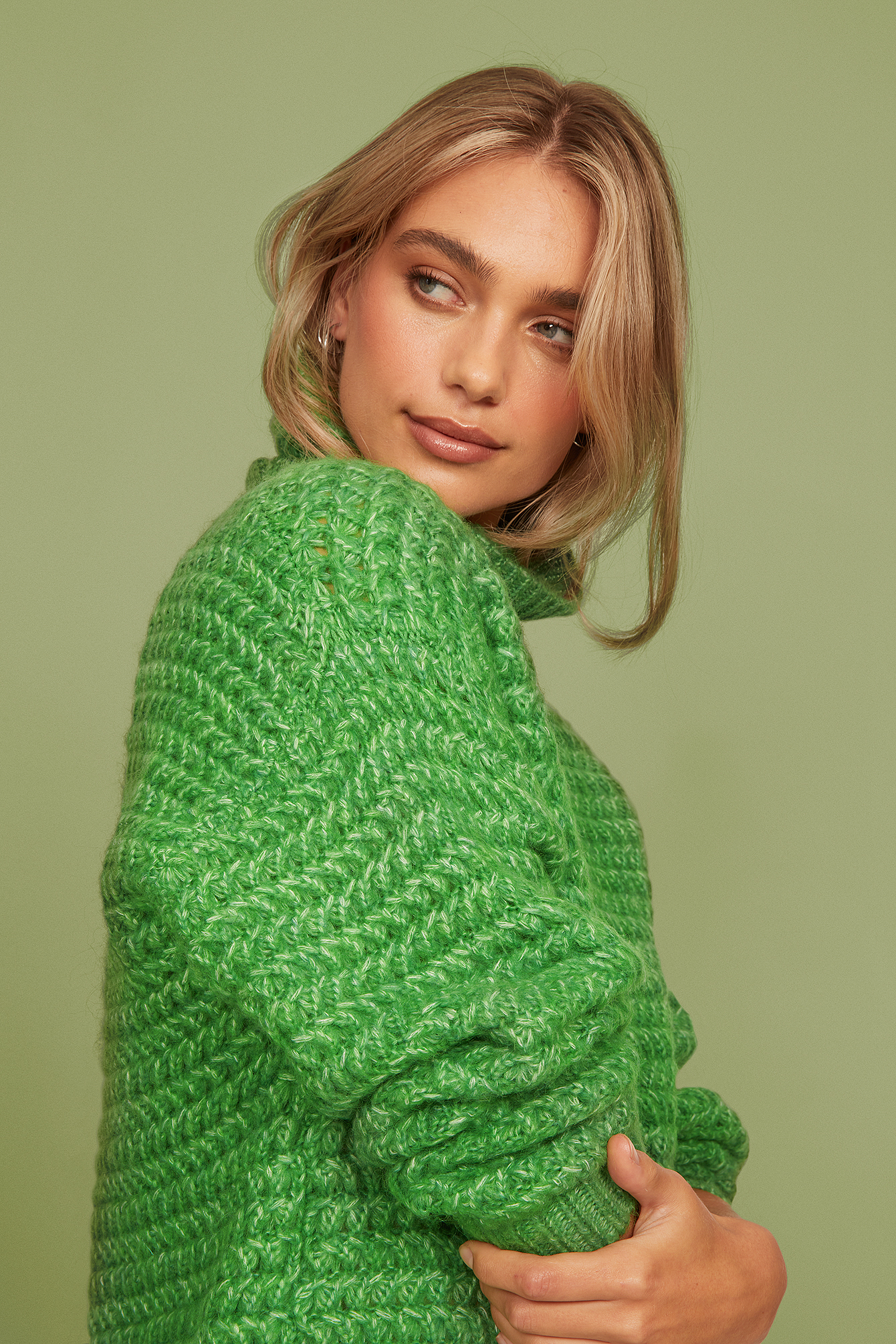 Green Pull en tricot épais à col montant