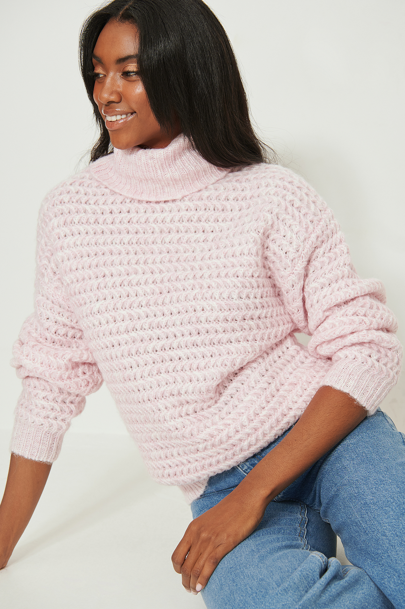 Light Pink Pull en tricot épais à col montant