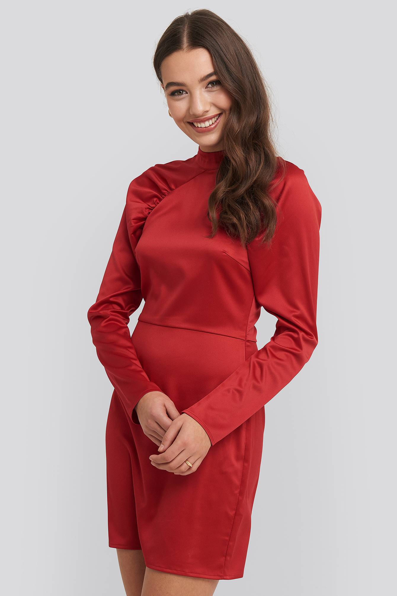 Red High Neck Gathered Sleeve Dress