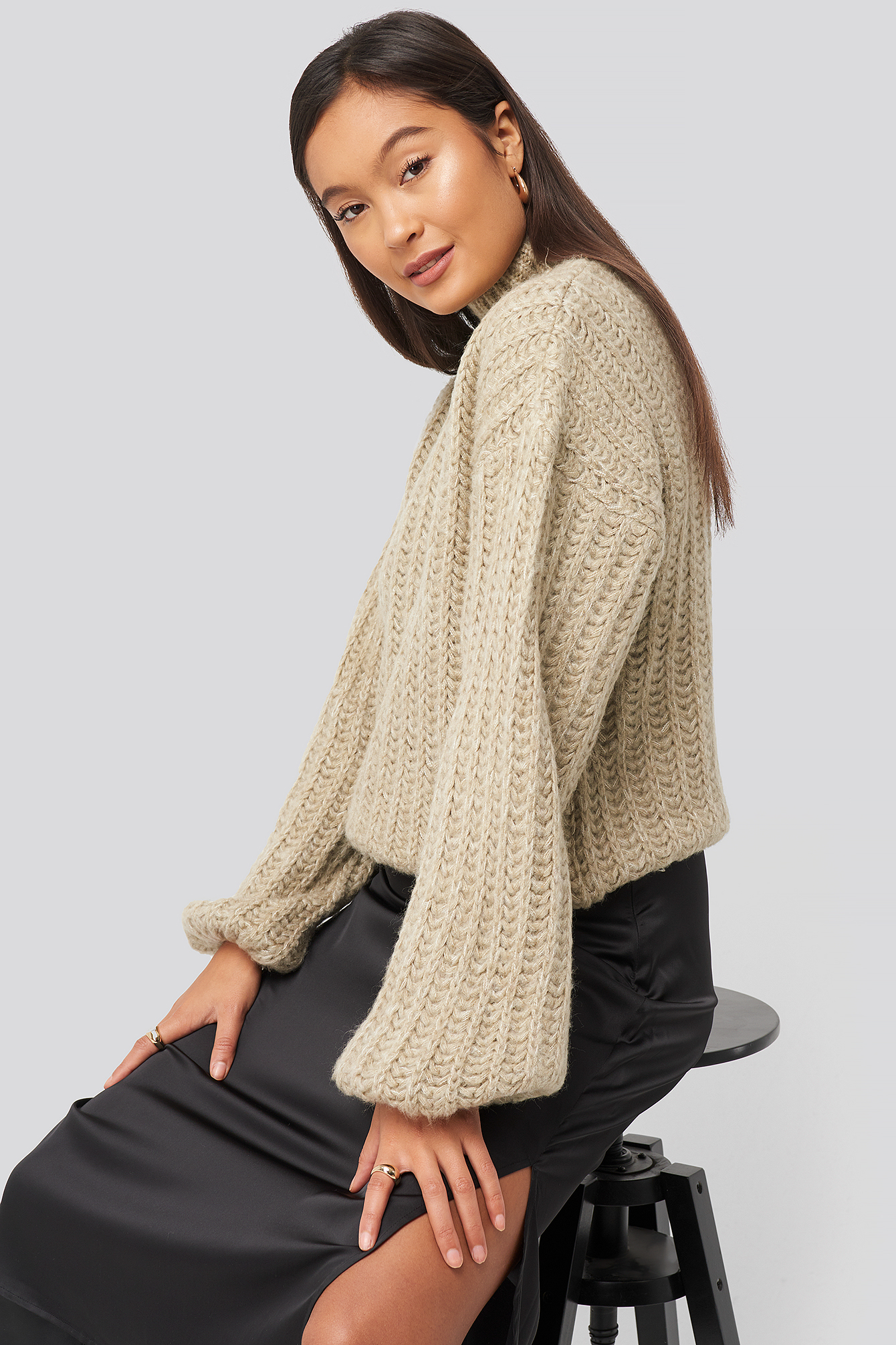 Beige Andrea Badendyck High Neck Heavy Knitted Sweater