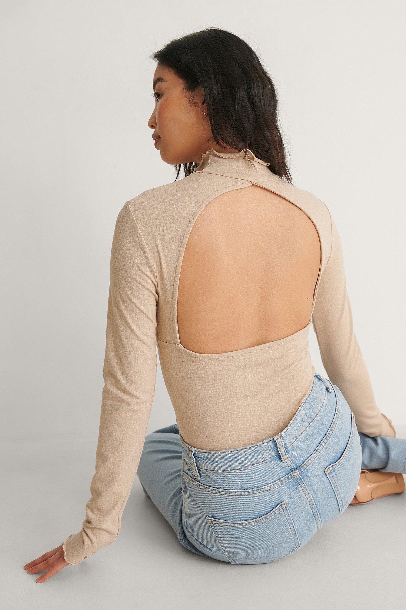 Beige Melange Recyclé Détail Du Dos Ouvert À Col Haut