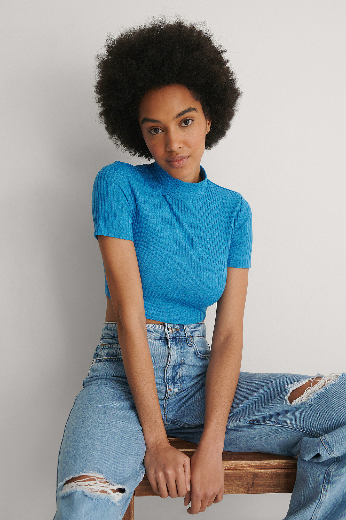 Blue Recyclé Haut À Manches Courtes Côtelé À Col Montant