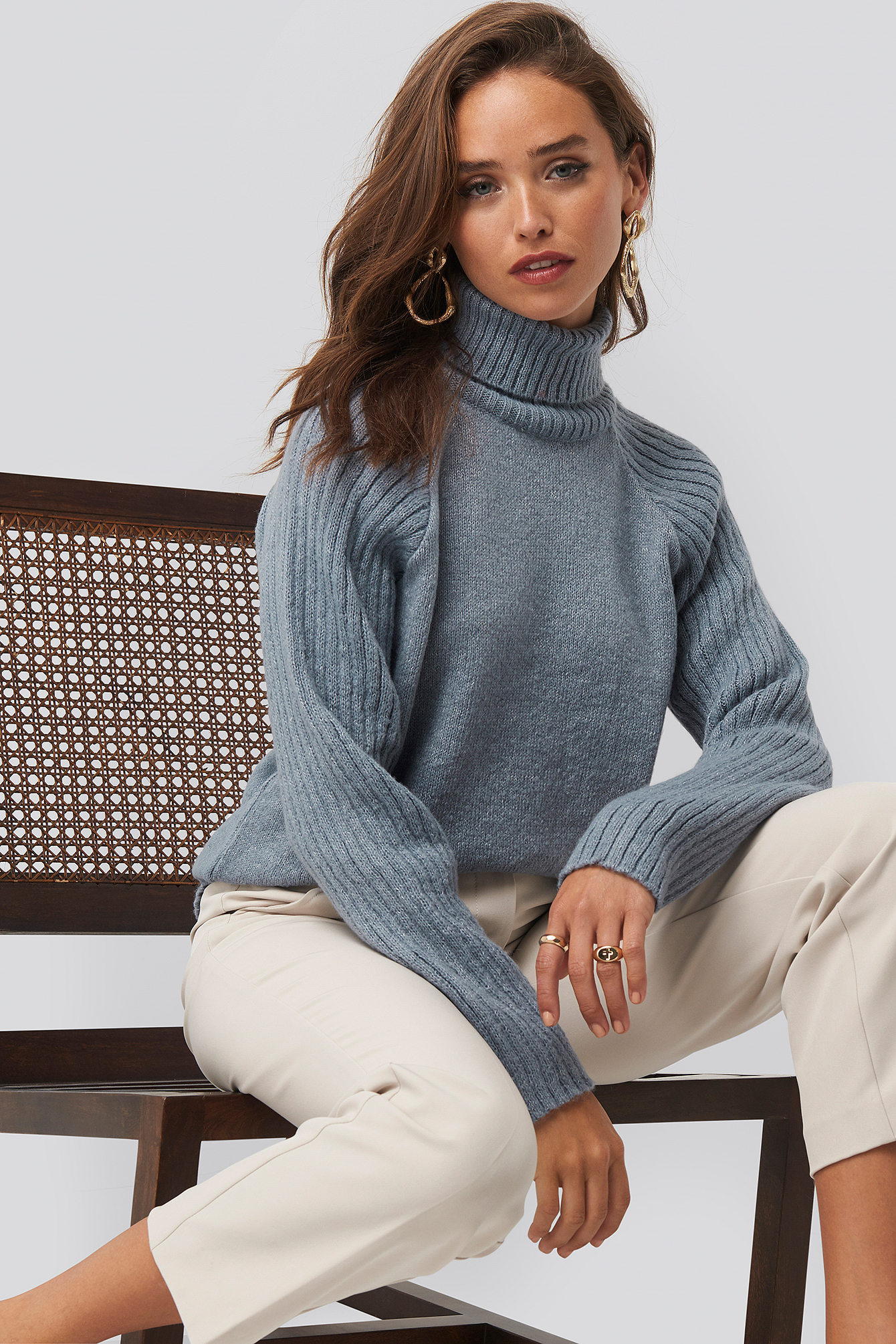 Grey High Neck Ribbed Sleeves Sweater