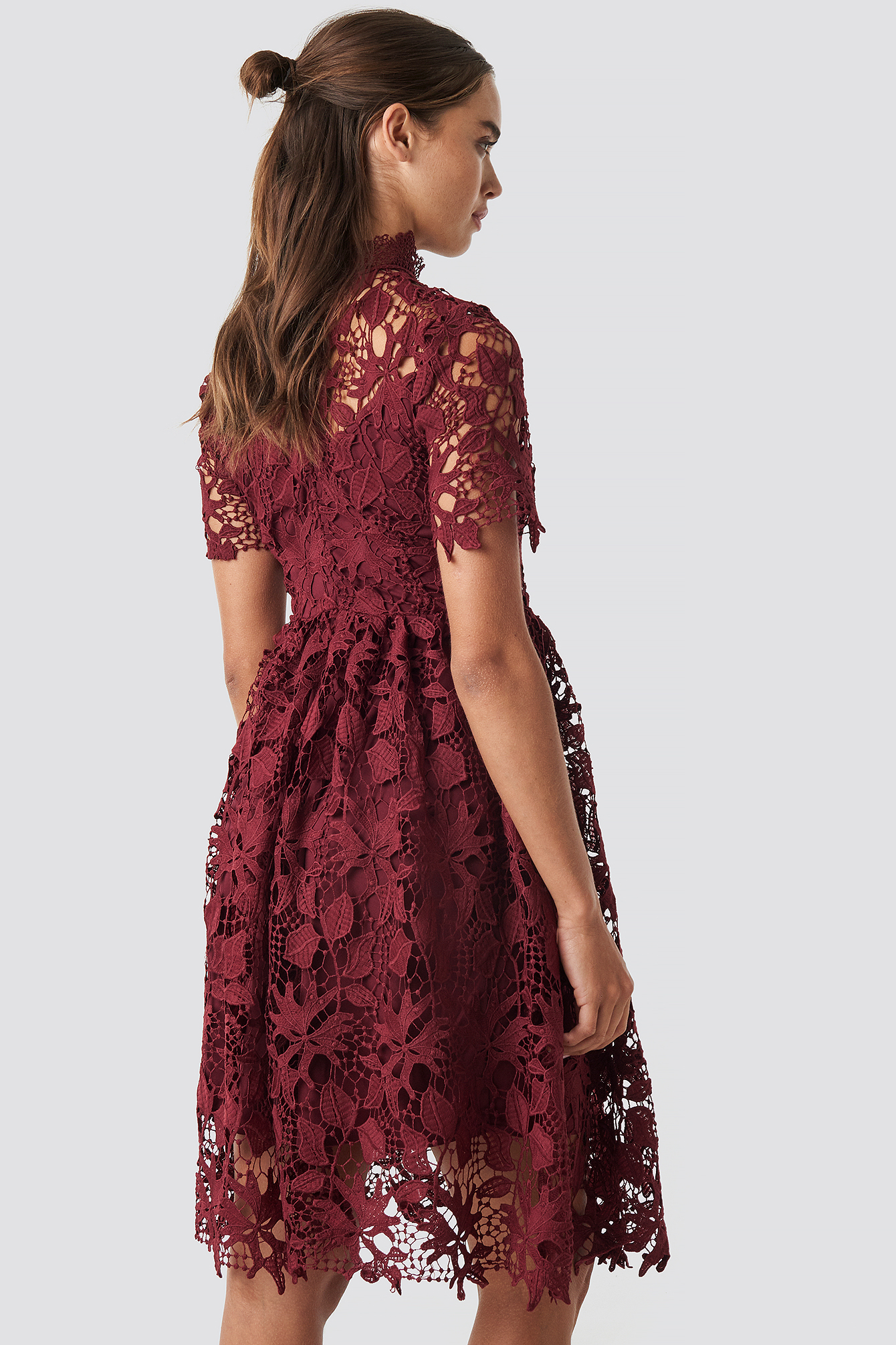 Rustic Red High Neck Short Sleeve Lace Dress