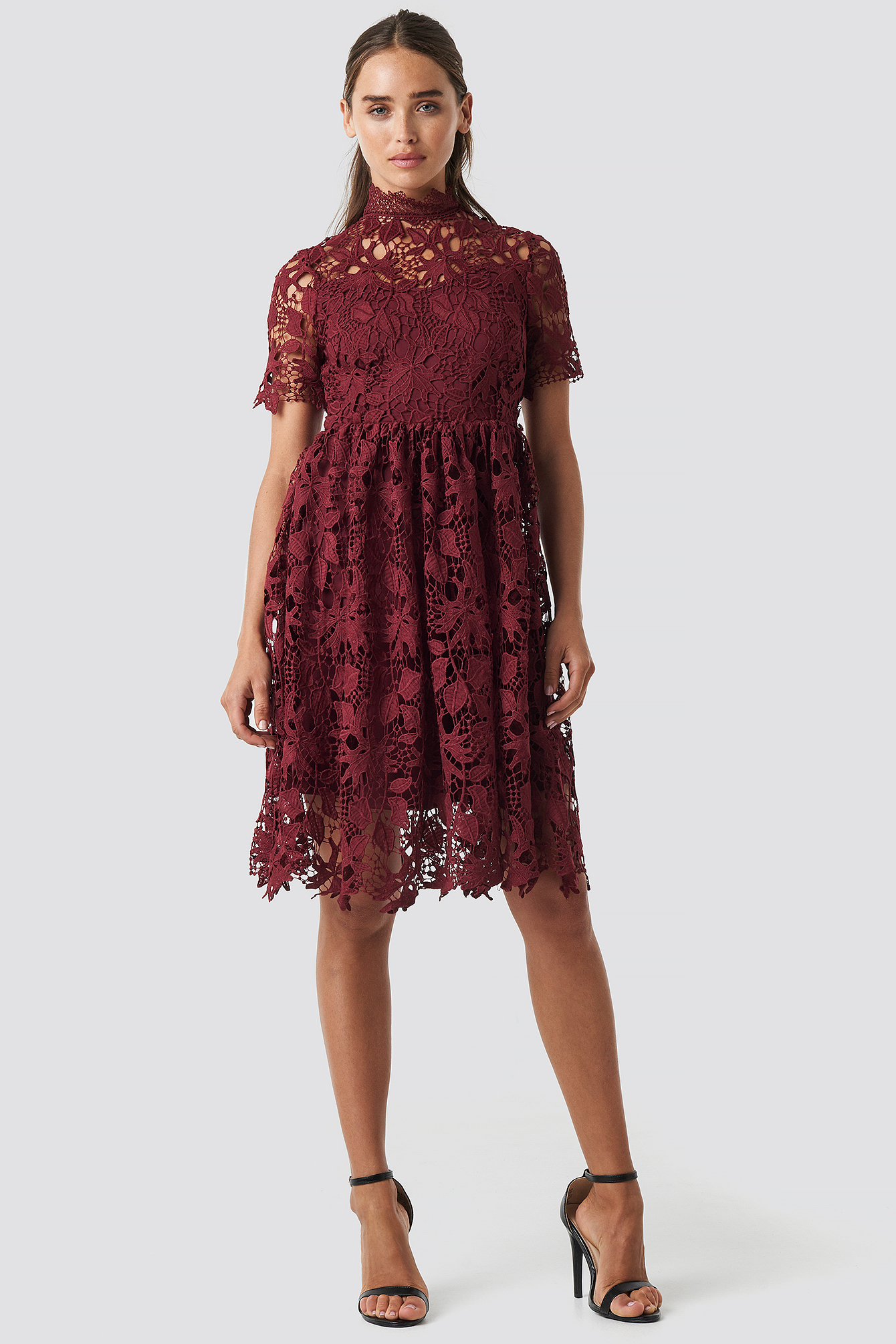 Rustic Red High Neck Short Sleeve Lace Dress