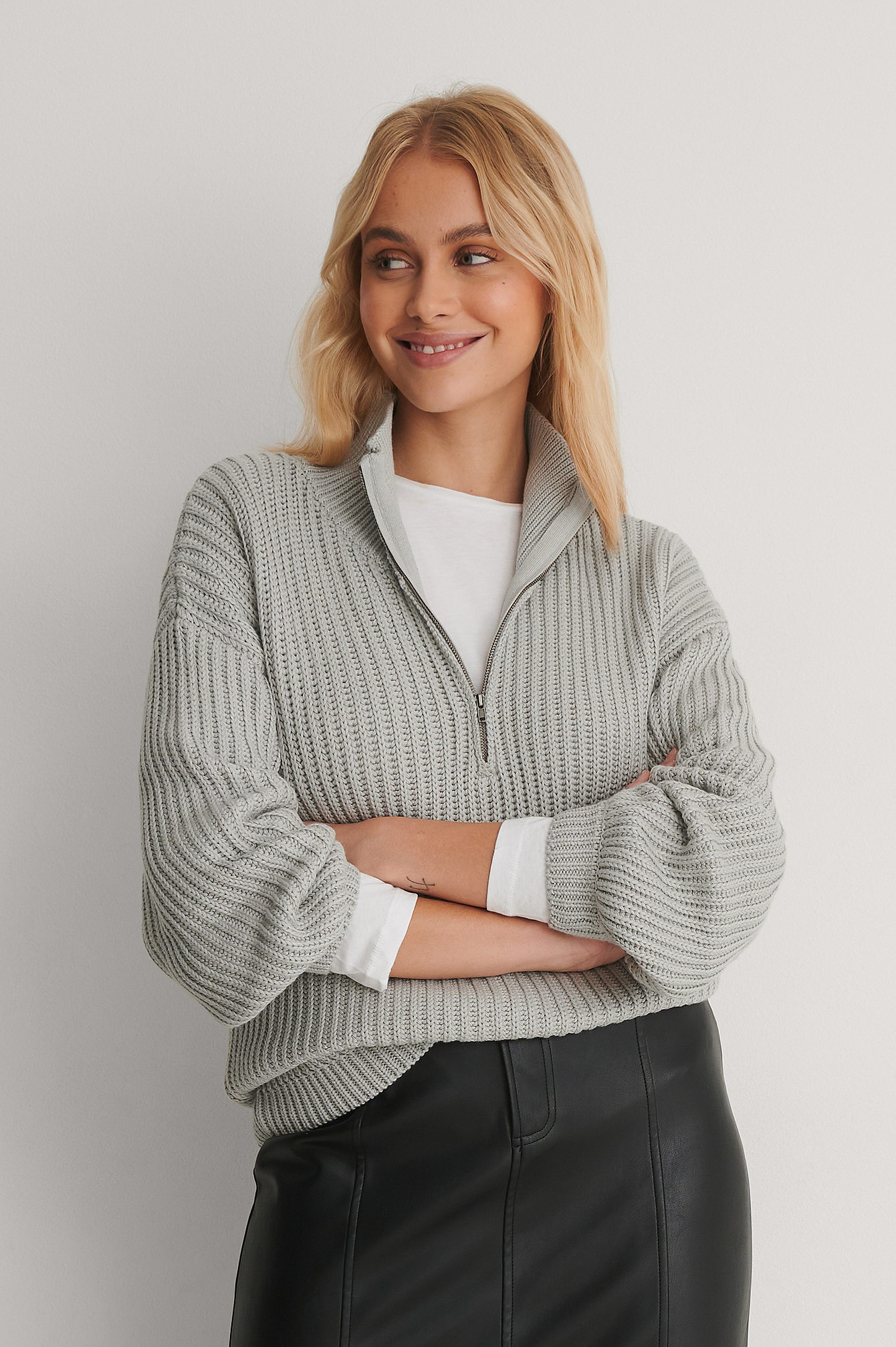 Grey Biologique Pull En Tricot À Fermeture Éclair Sur Le Devant