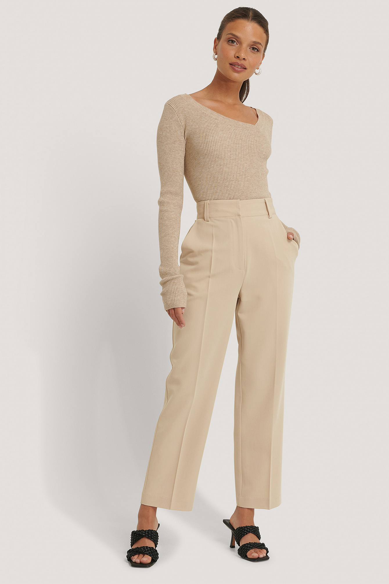 Beige Pantalon De Costume Court Taille Haute