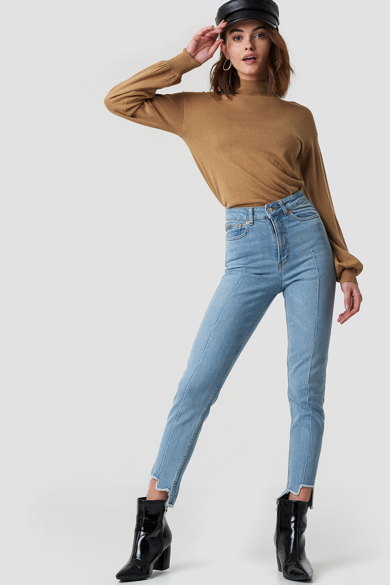Light Blue NA-KD High Rise Slim Asymmetric Hem Jeans