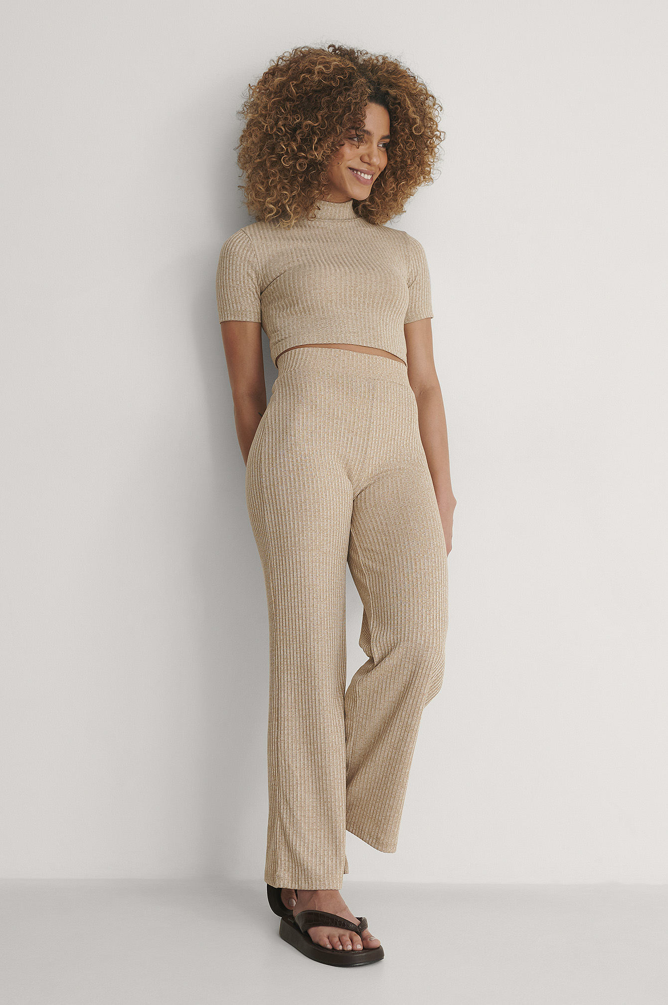 Beige Melange Recyclés Pantalon Droit Côtelé À Taille Haute