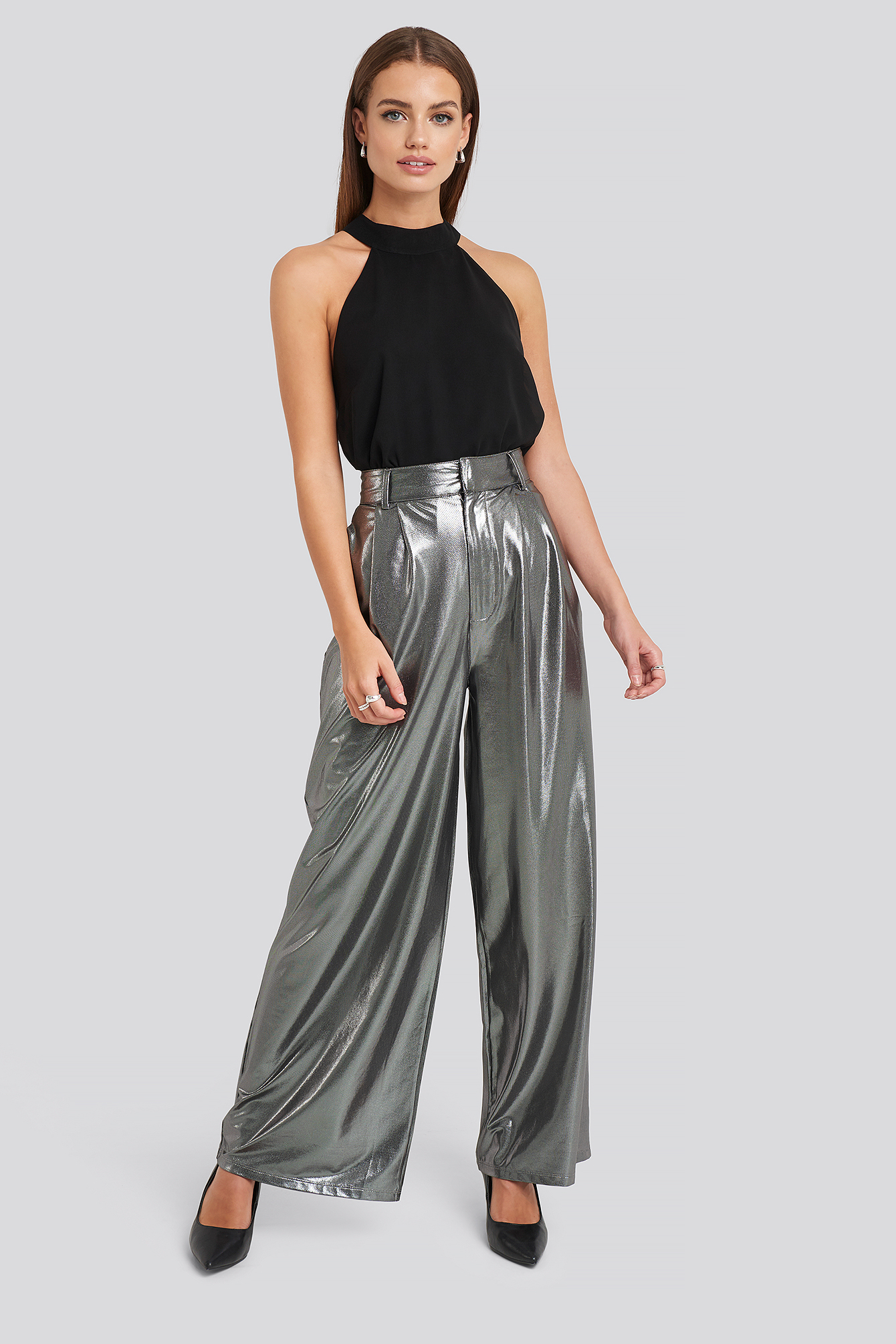 Silver NA-KD Party High Waist Front Pleat Wide Leg Pants