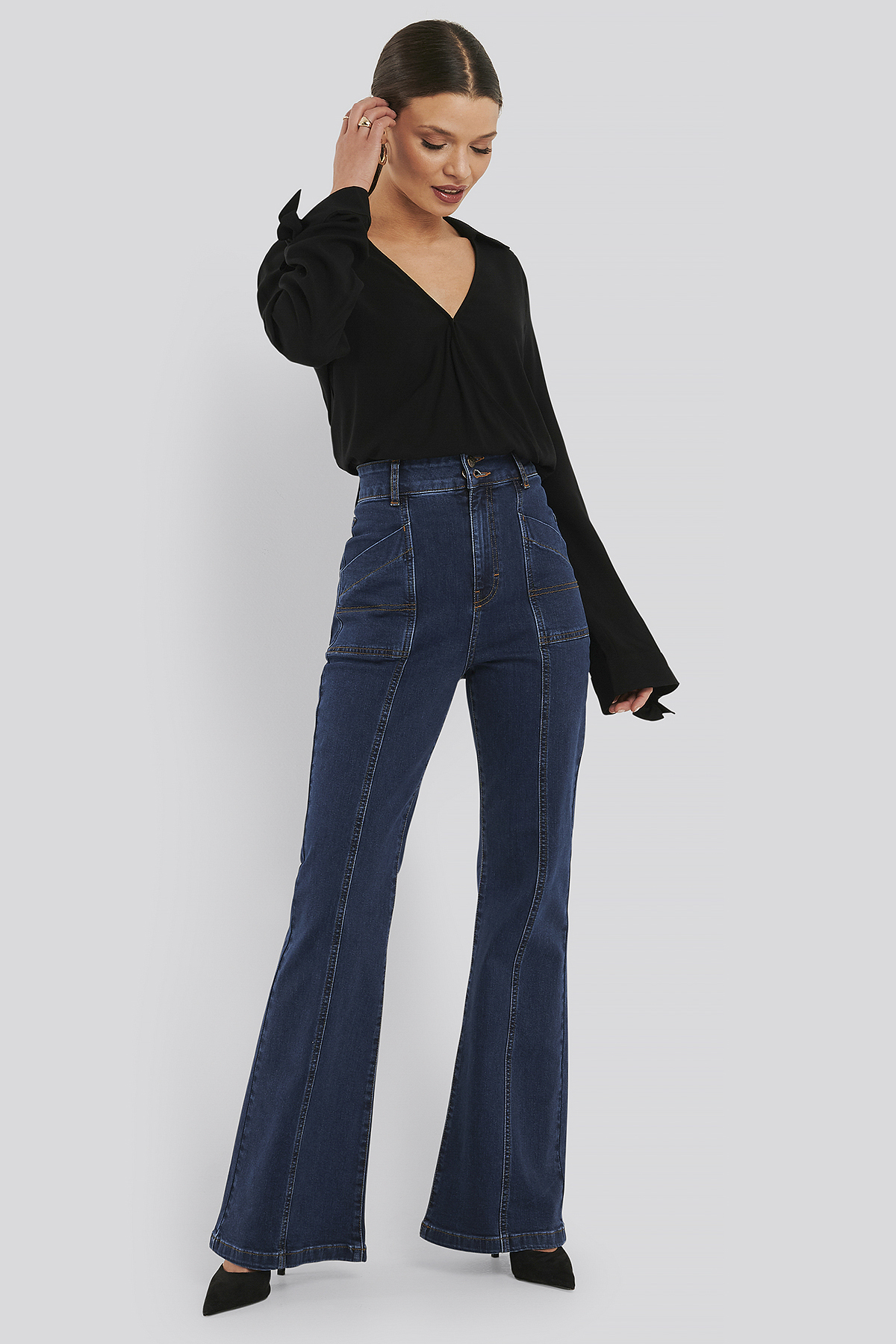 Mid Blue Wash High Waist Front Seam Flare Jeans